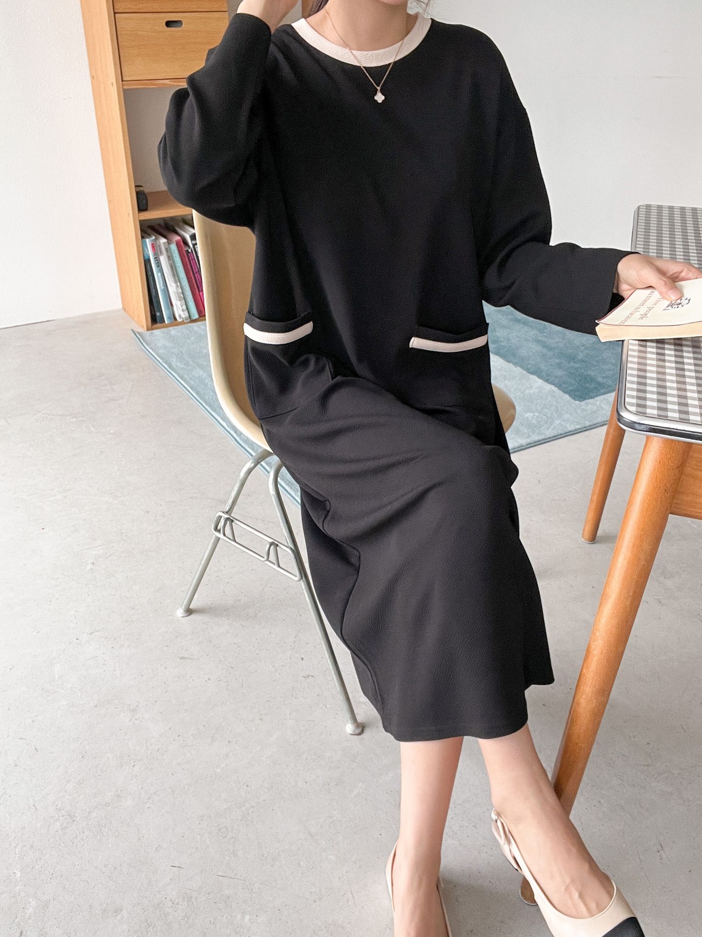 ラウンドネックポケットロング長袖配色ワンピース | 詳細画像28