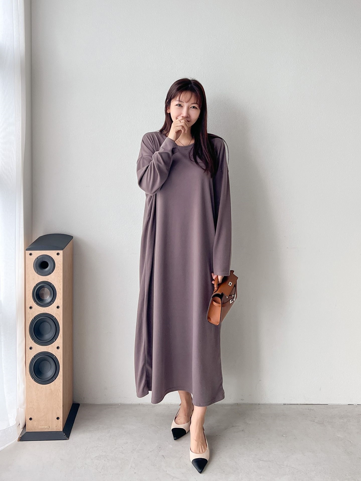 ラウンドネックボクシーロング長袖無地ワンピース | 詳細画像5