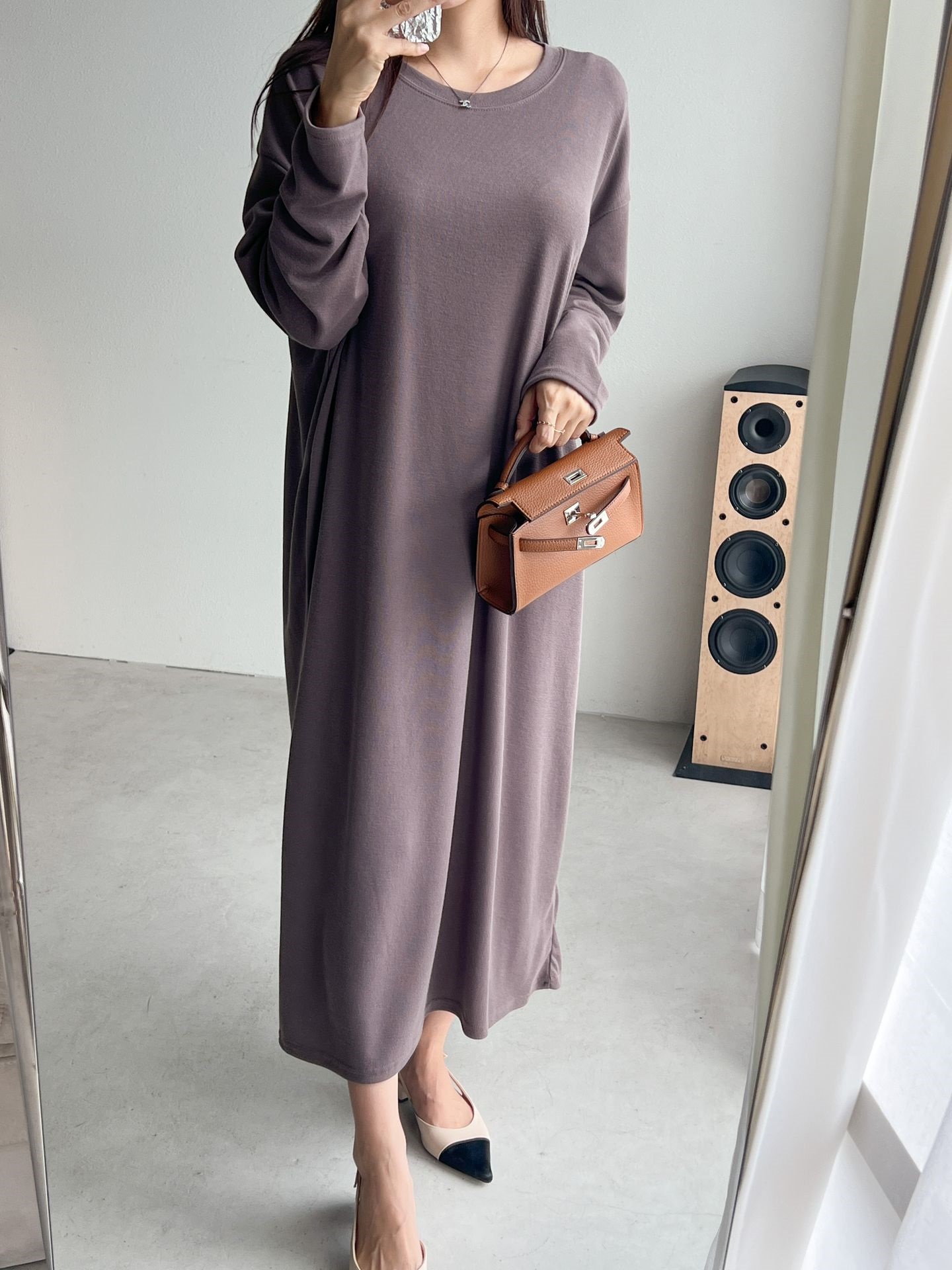 ラウンドネックボクシーロング長袖無地ワンピース | 詳細画像6