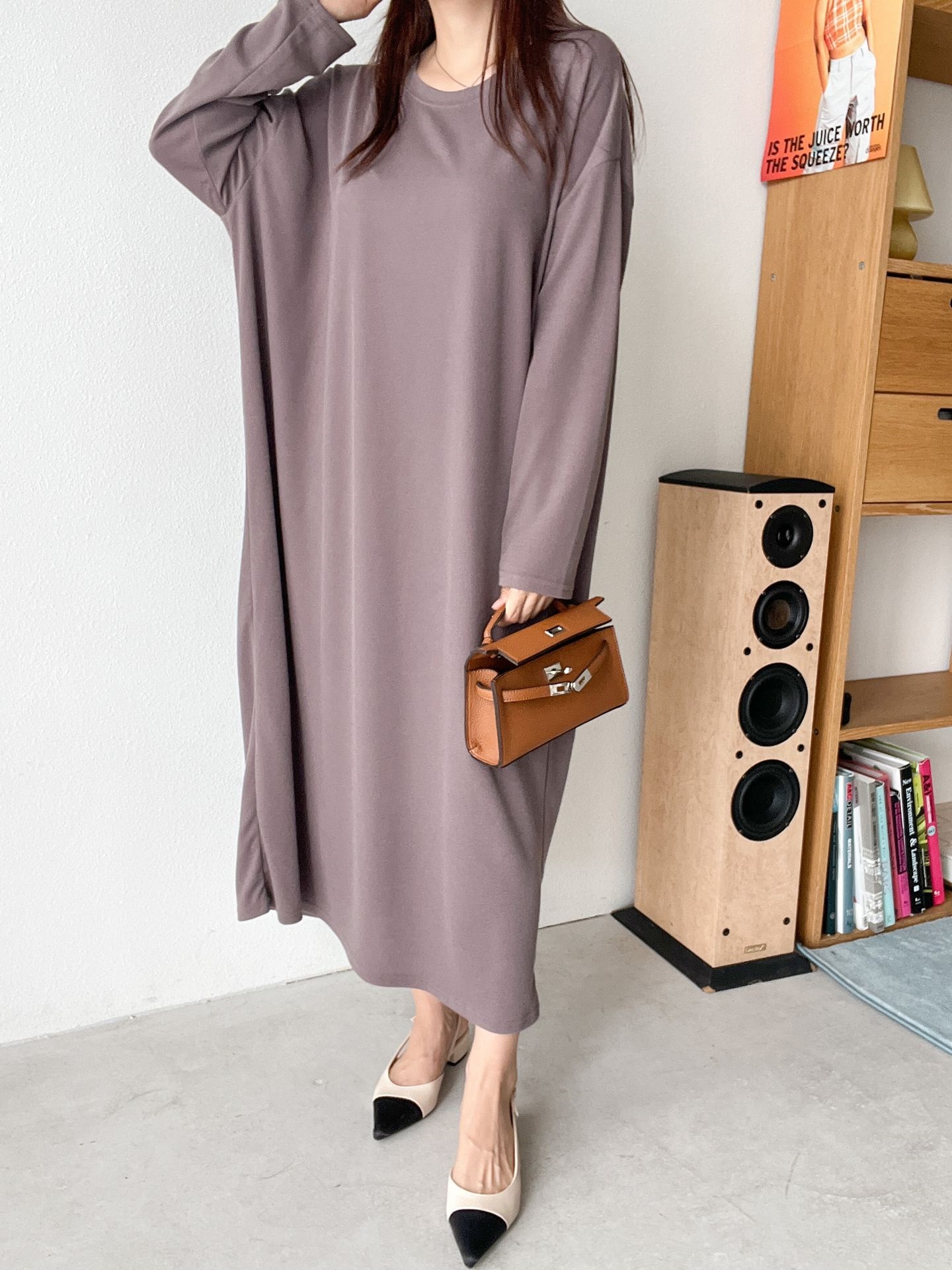 ラウンドネックボクシーロング長袖無地ワンピース | 詳細画像8