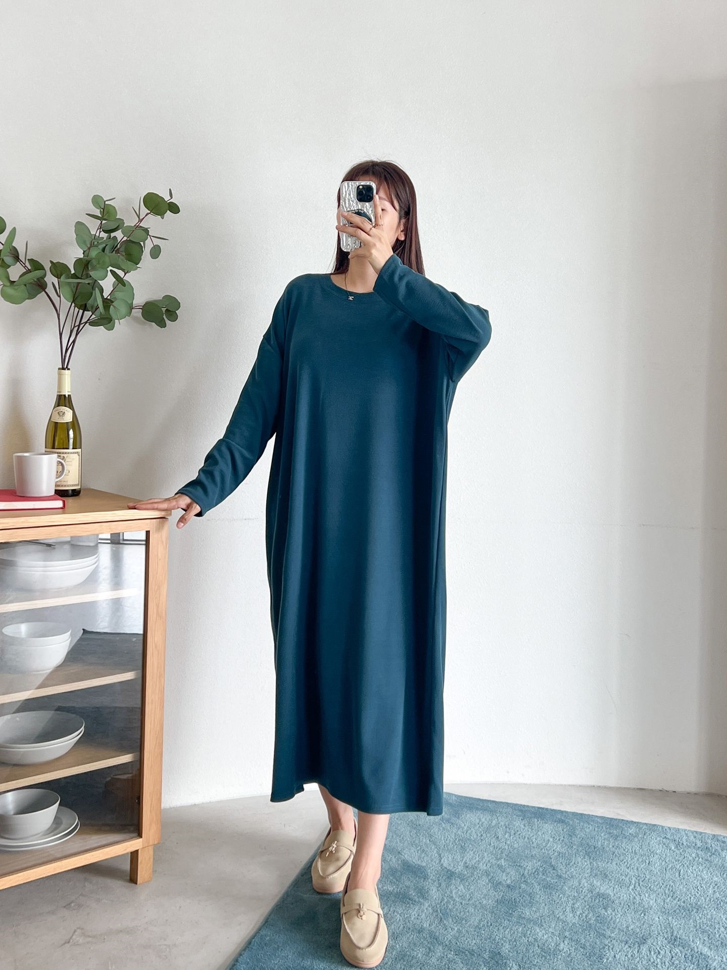 ラウンドネックボクシーロング長袖無地ワンピース | 詳細画像11