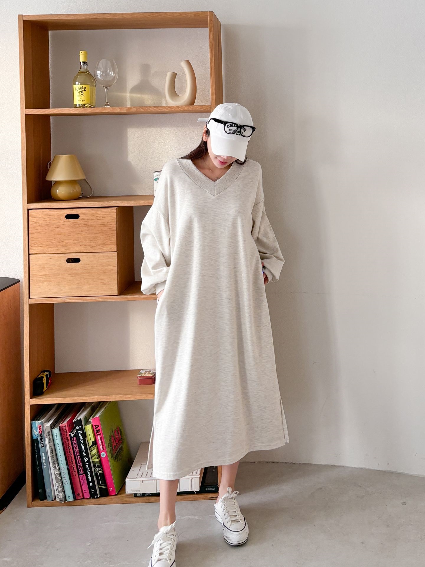 Vネックスリットポケット長袖無地ワンピース | 詳細画像4