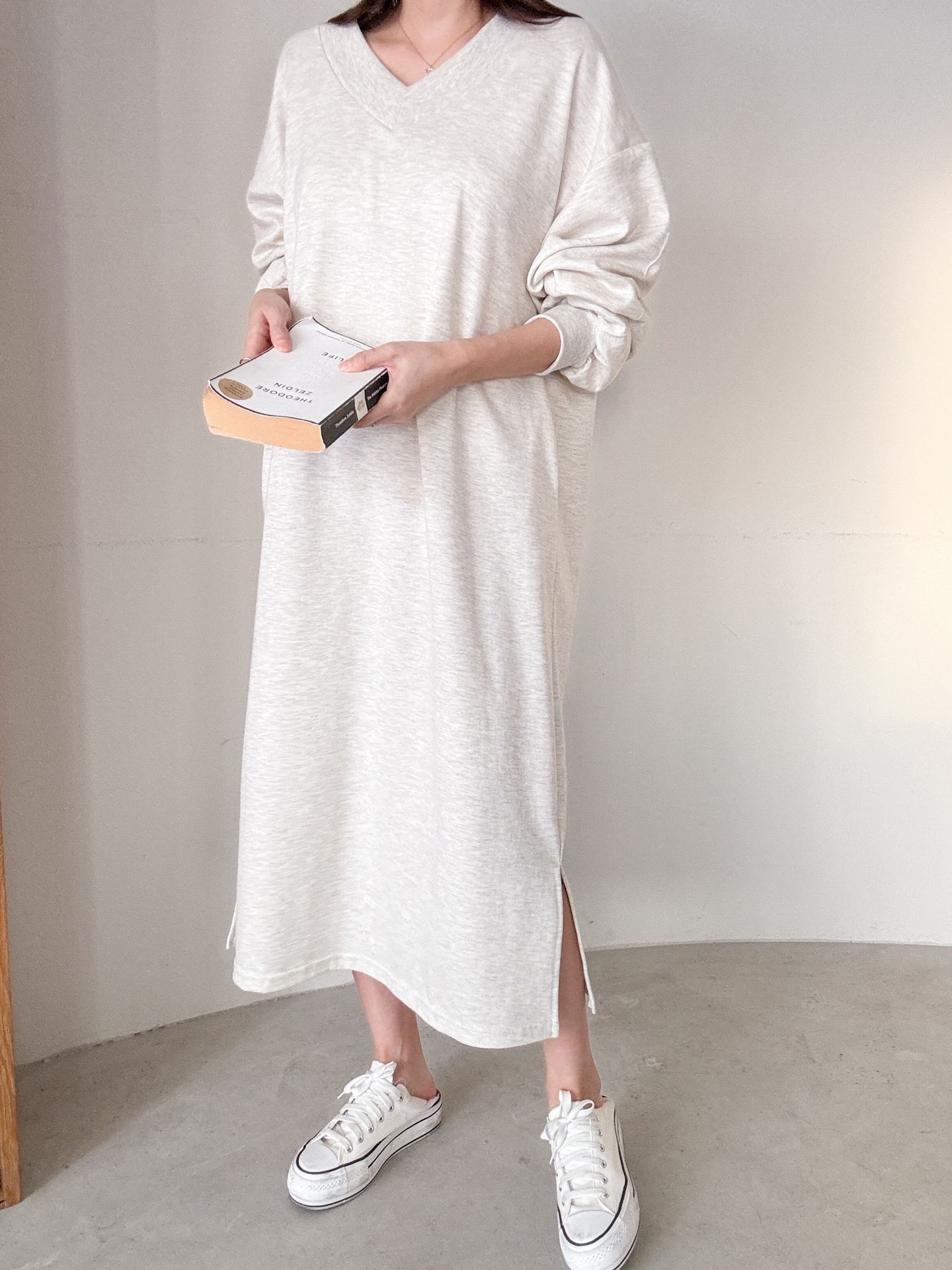 Vネックスリットポケット長袖無地ワンピース | 詳細画像7