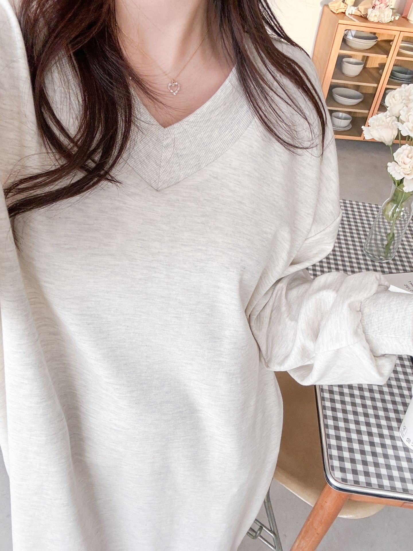 Vネックスリットポケット長袖無地ワンピース | 詳細画像9