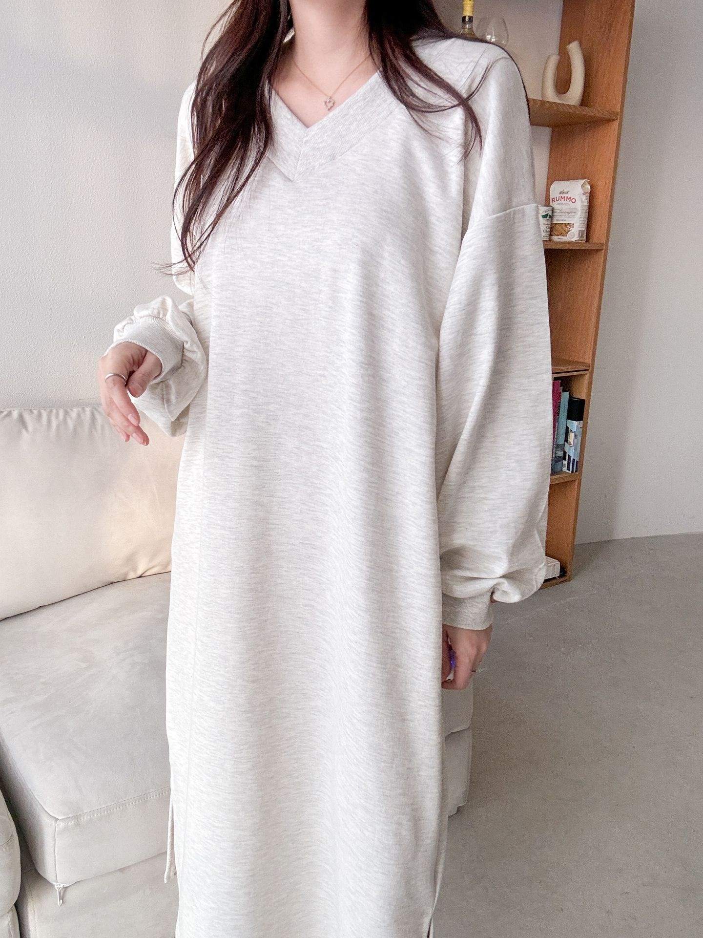 Vネックスリットポケット長袖無地ワンピース | 詳細画像10