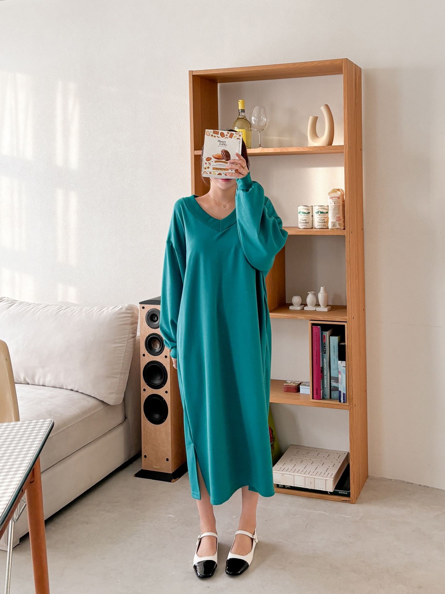 Vネックスリットポケット長袖無地ワンピース | 詳細画像14