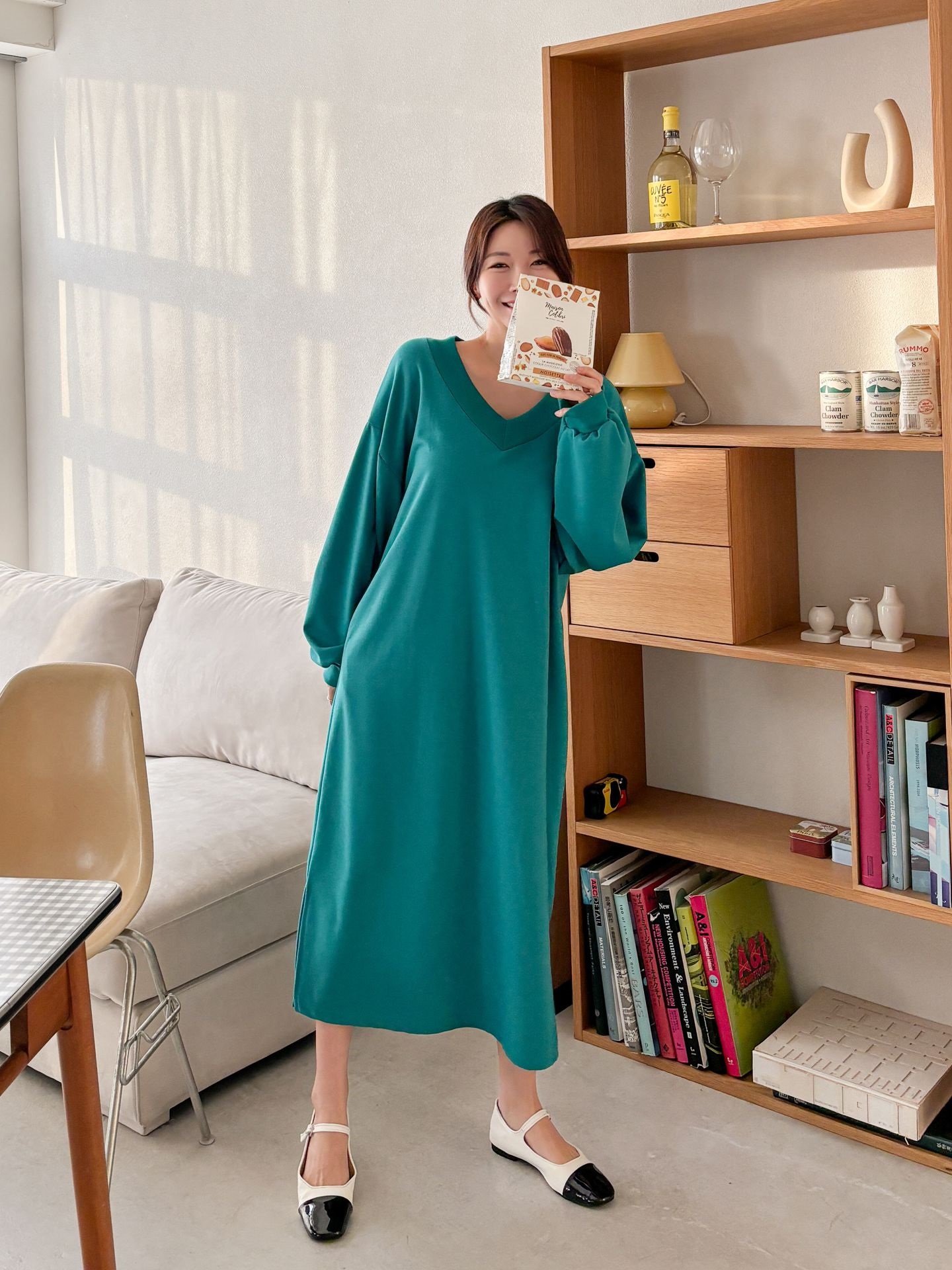 Vネックスリットポケット長袖無地ワンピース | 詳細画像16