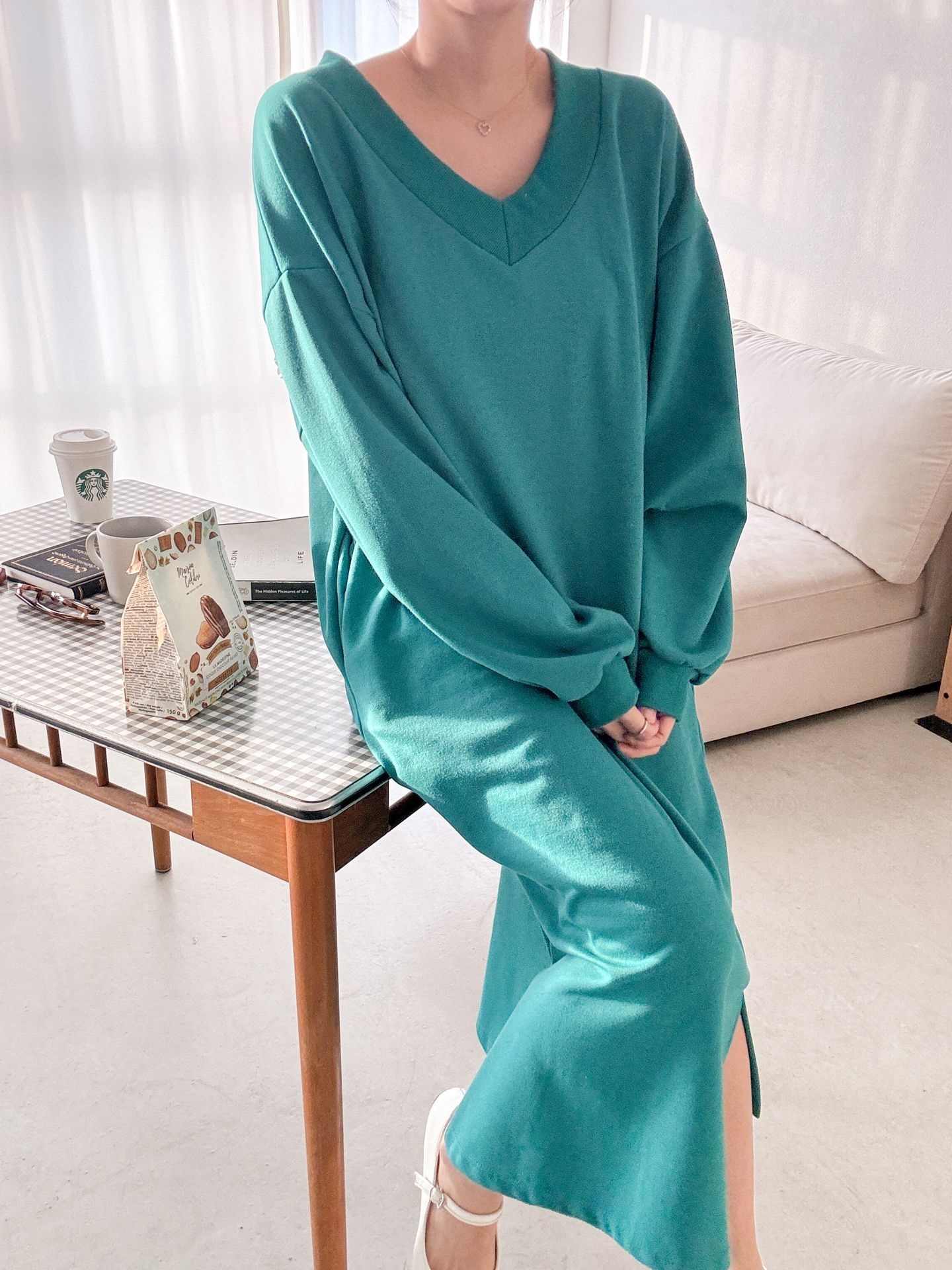 Vネックスリットポケット長袖無地ワンピース | 詳細画像18