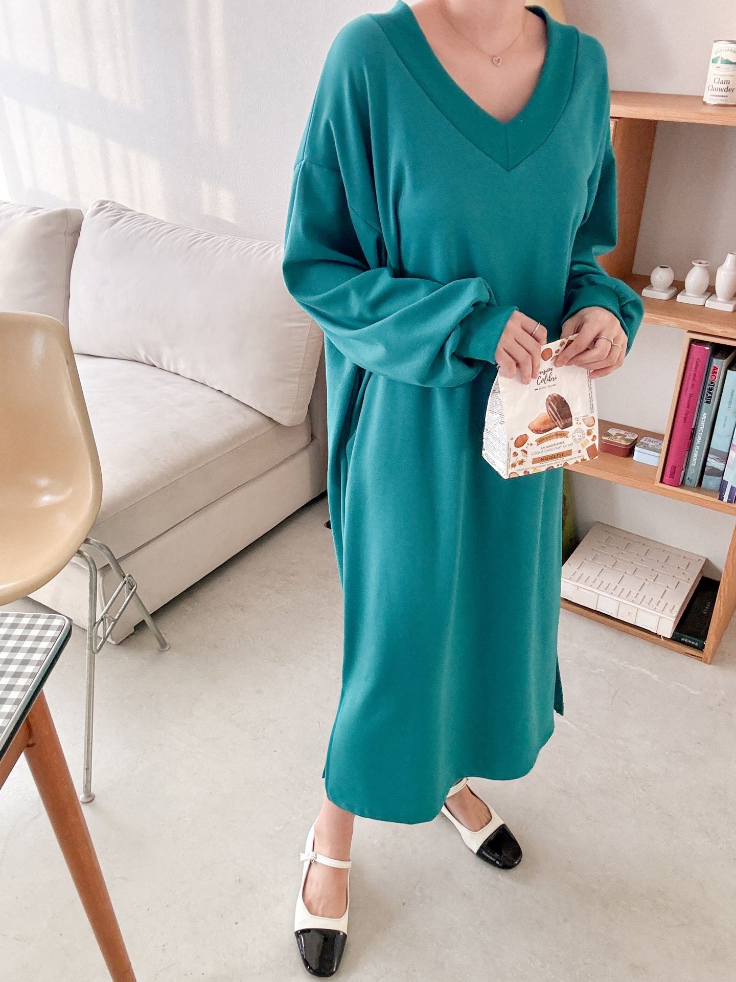 Vネックスリットポケット長袖無地ワンピース | 詳細画像20