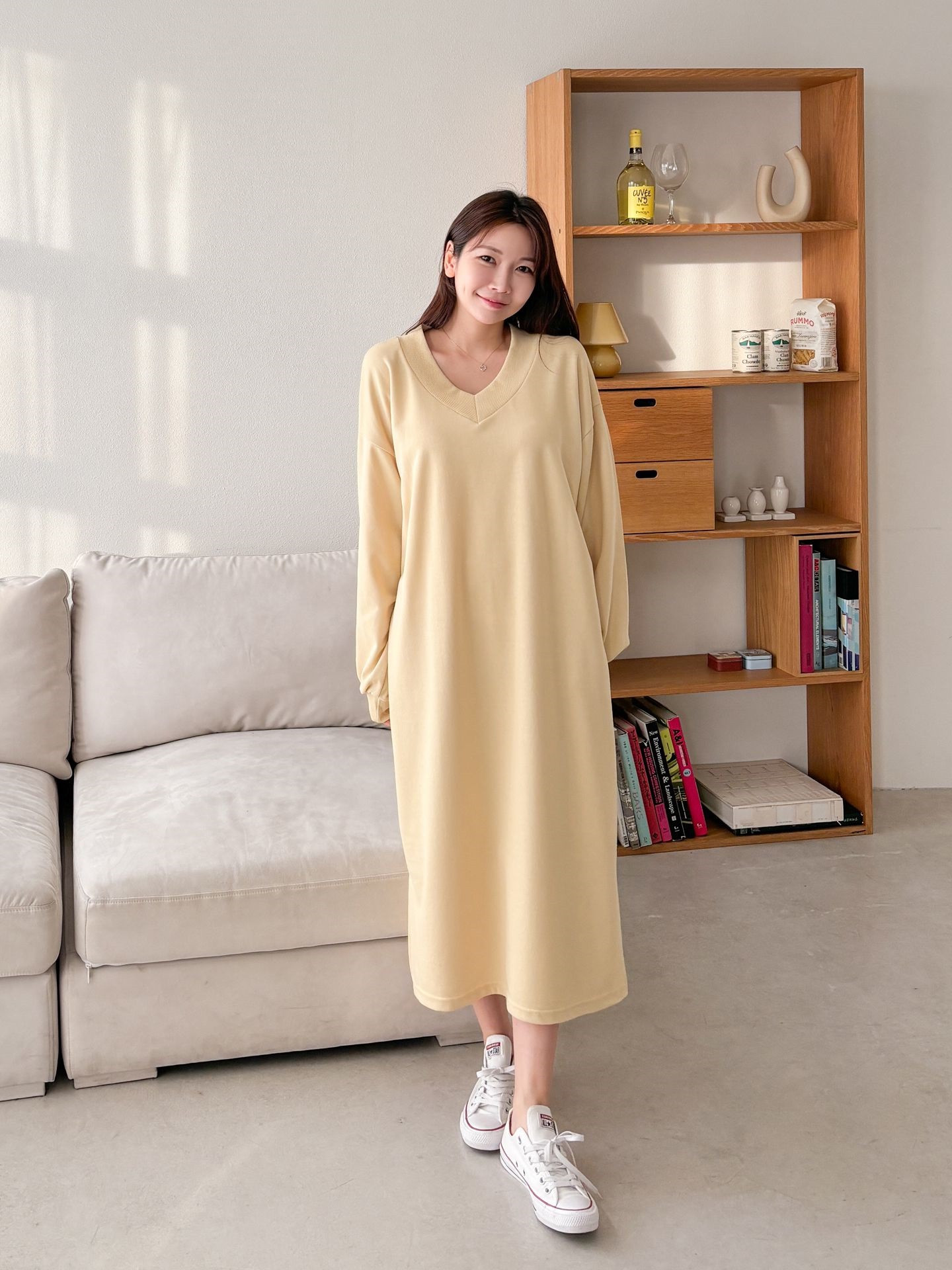 Vネックスリットポケット長袖無地ワンピース | 詳細画像24