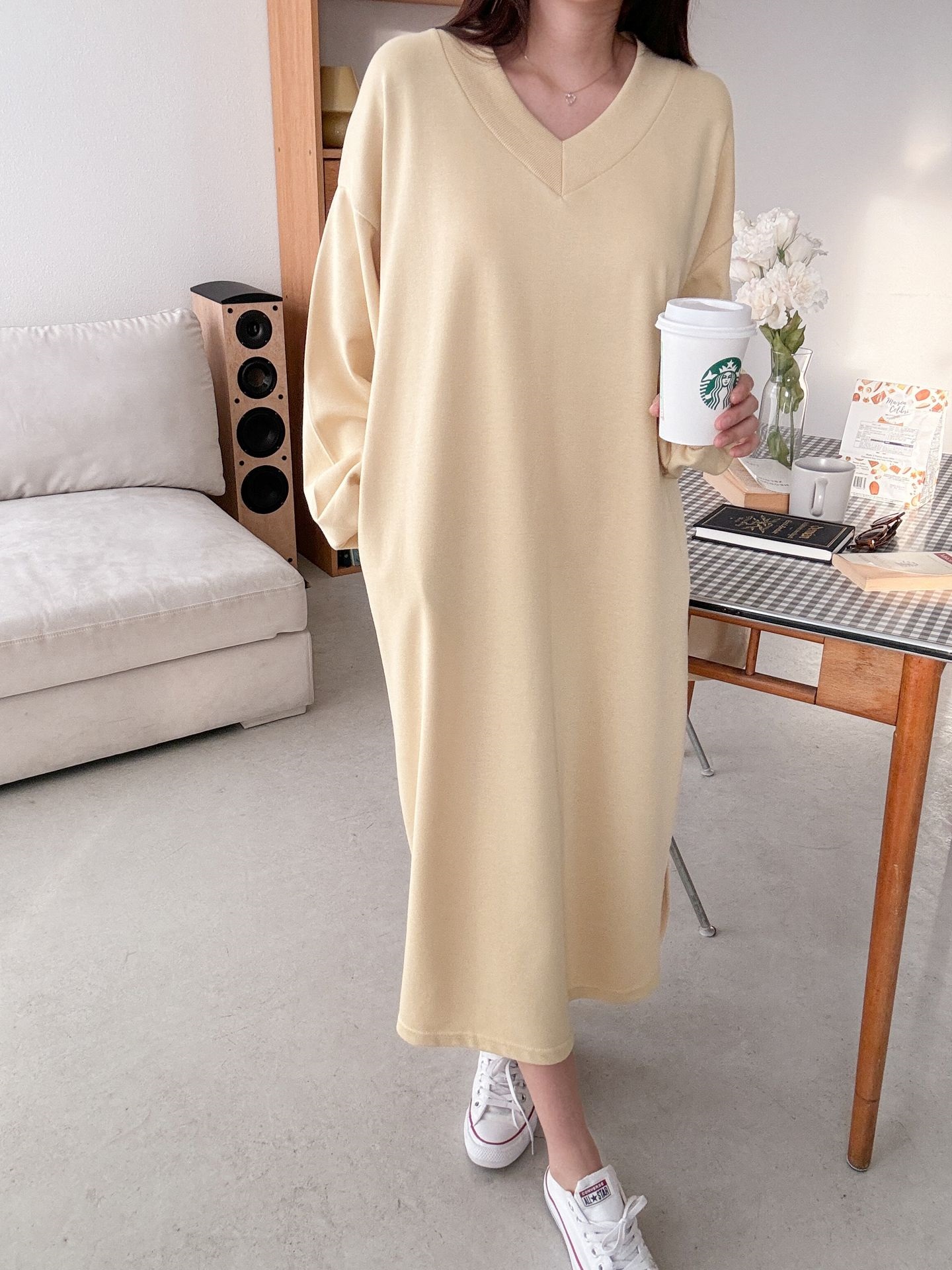 Vネックスリットポケット長袖無地ワンピース | 詳細画像28