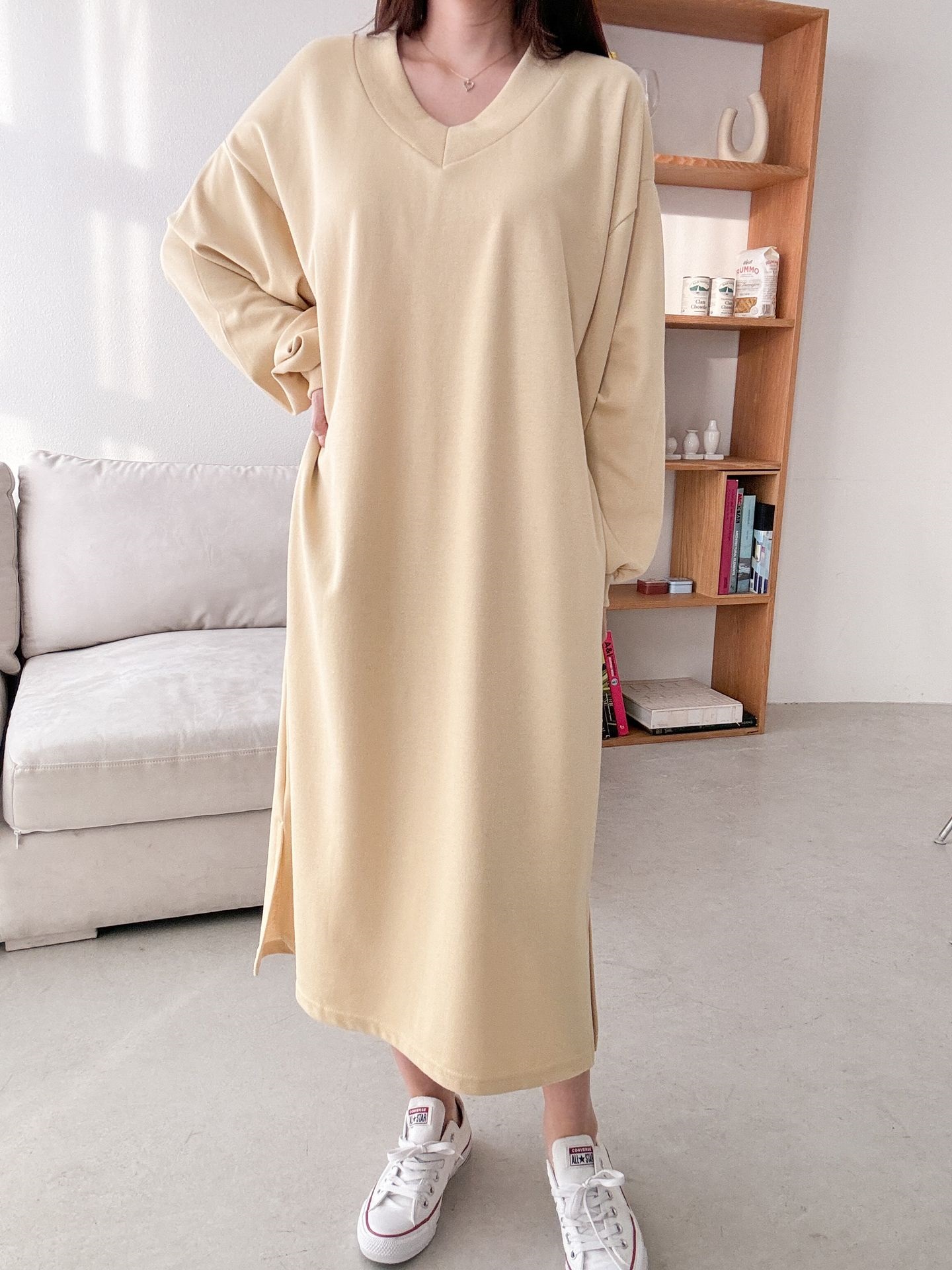 Vネックスリットポケット長袖無地ワンピース | 詳細画像29
