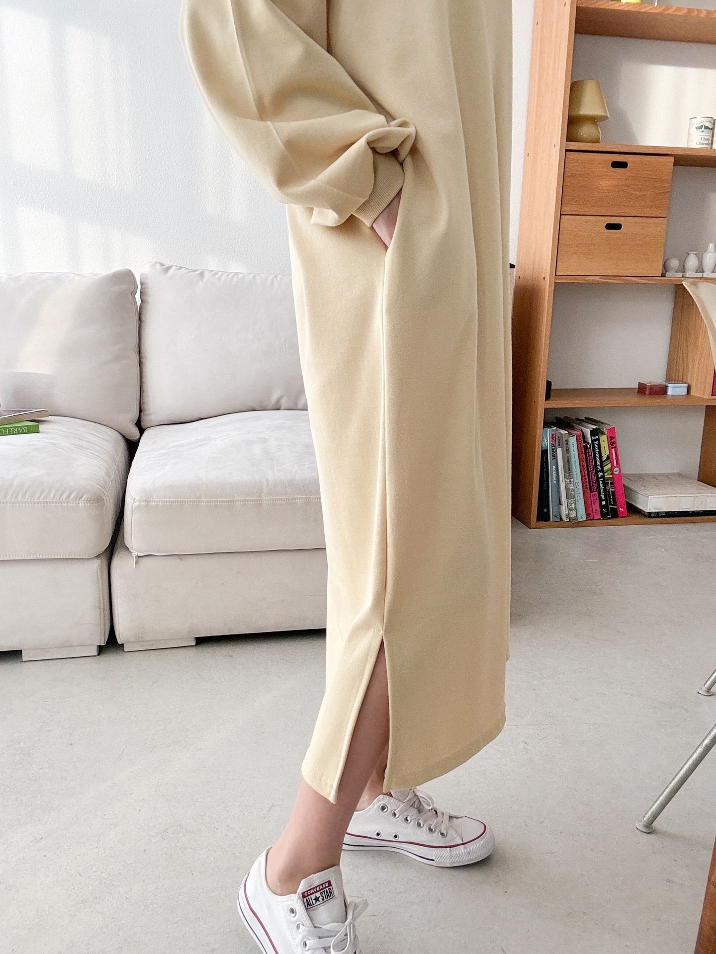 Vネックスリットポケット長袖無地ワンピース | 詳細画像30