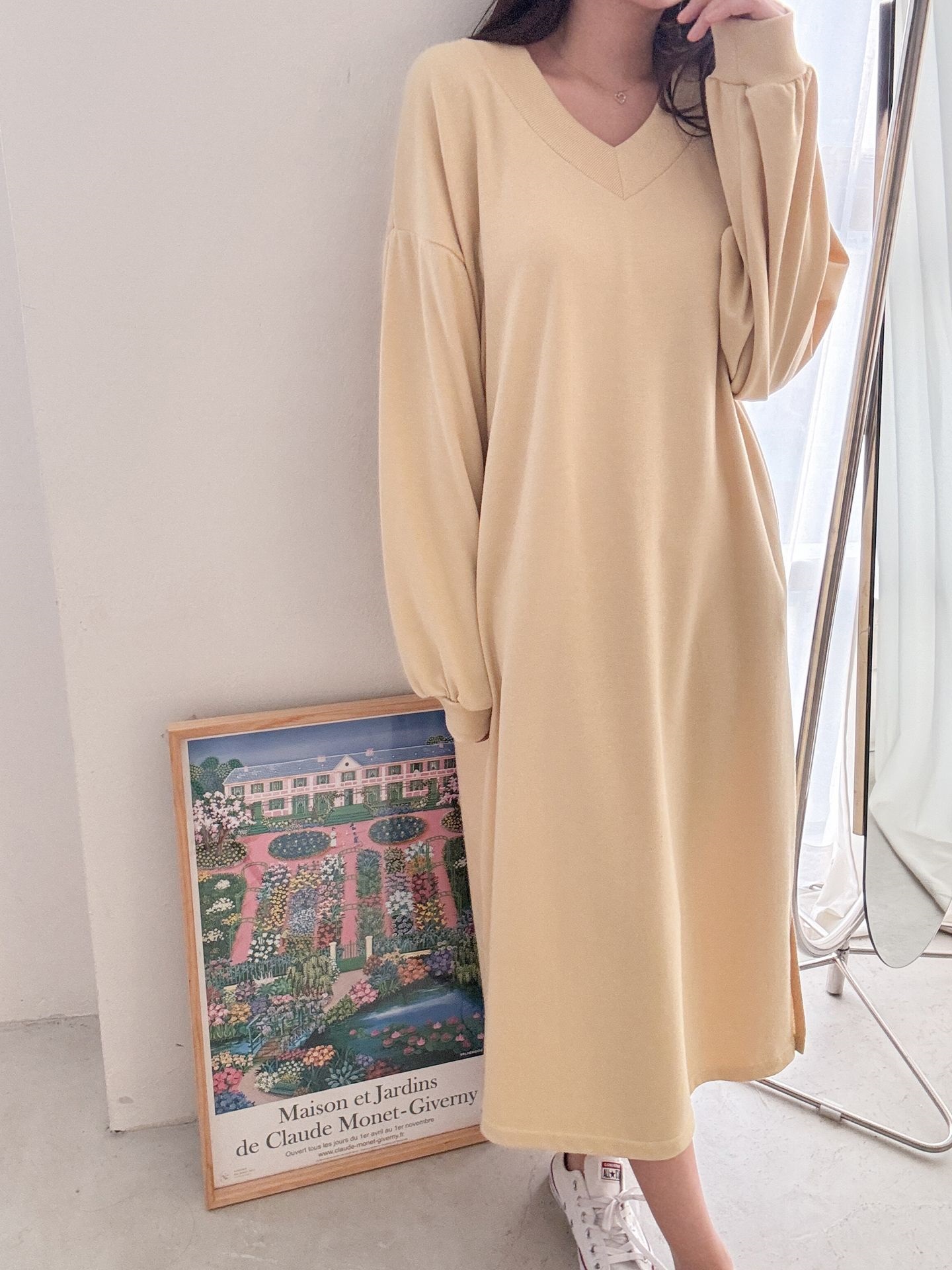 Vネックスリットポケット長袖無地ワンピース | 詳細画像31