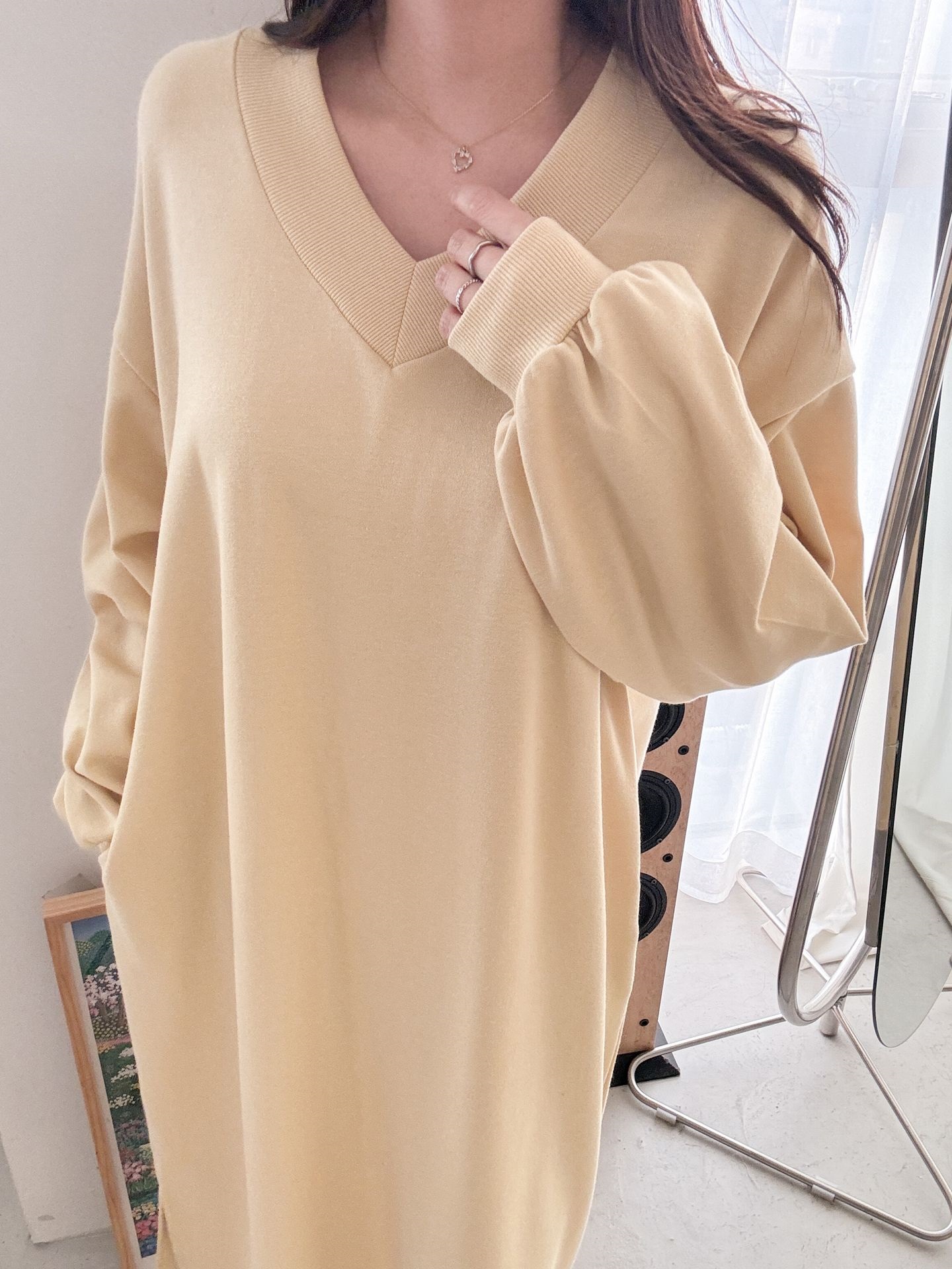 Vネックスリットポケット長袖無地ワンピース | 詳細画像32