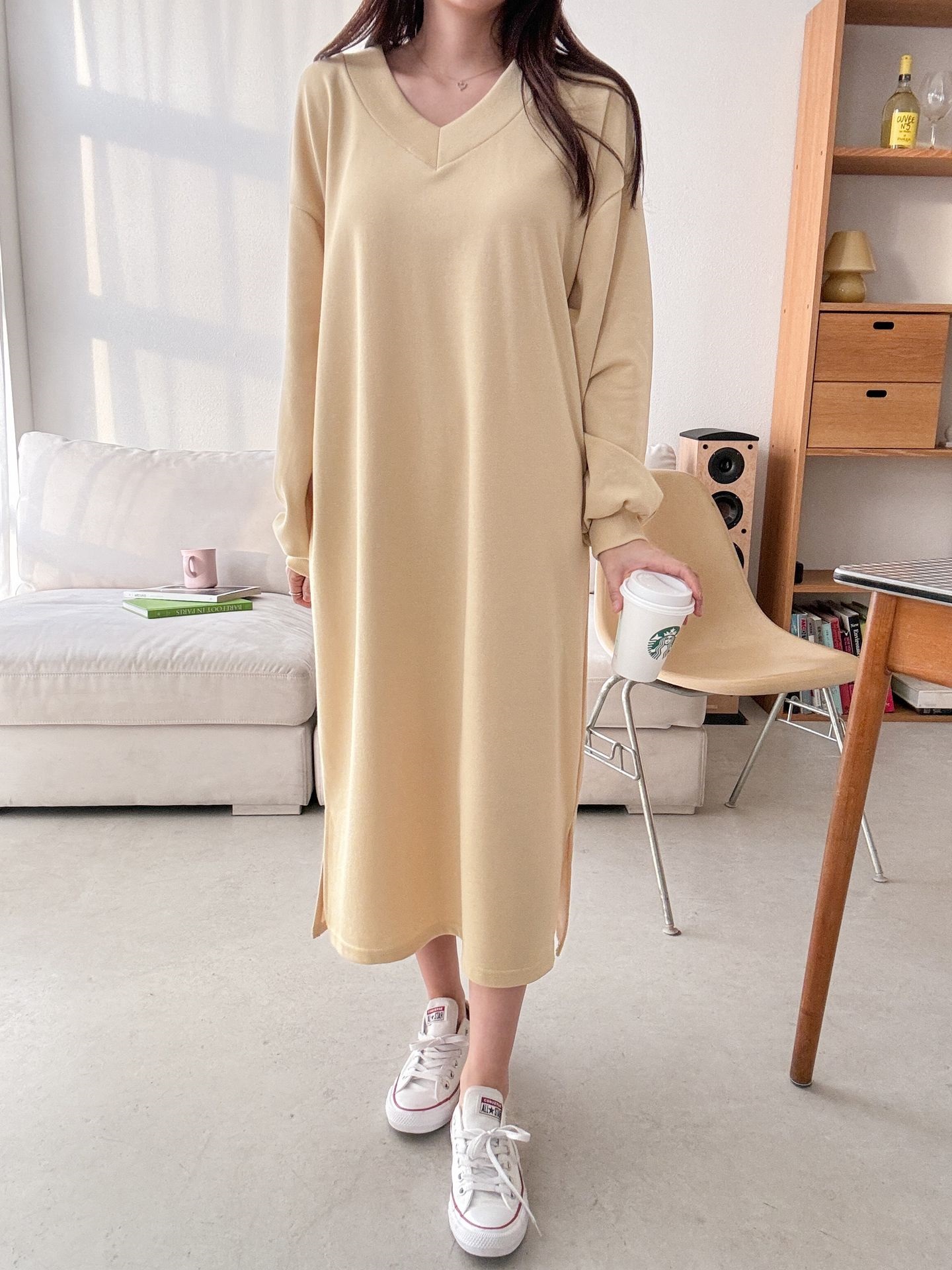 Vネックスリットポケット長袖無地ワンピース | 詳細画像33