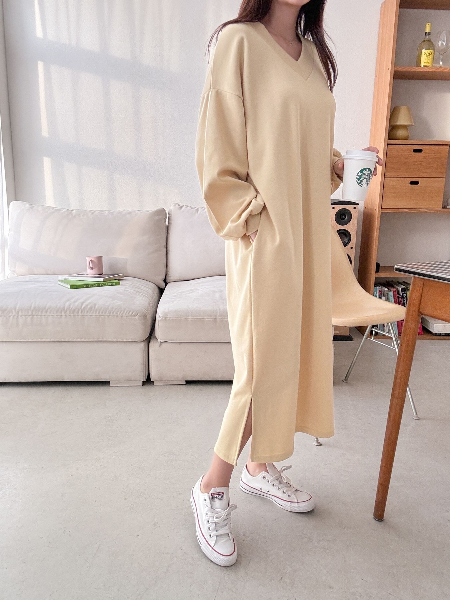 Vネックスリットポケット長袖無地ワンピース | 詳細画像34