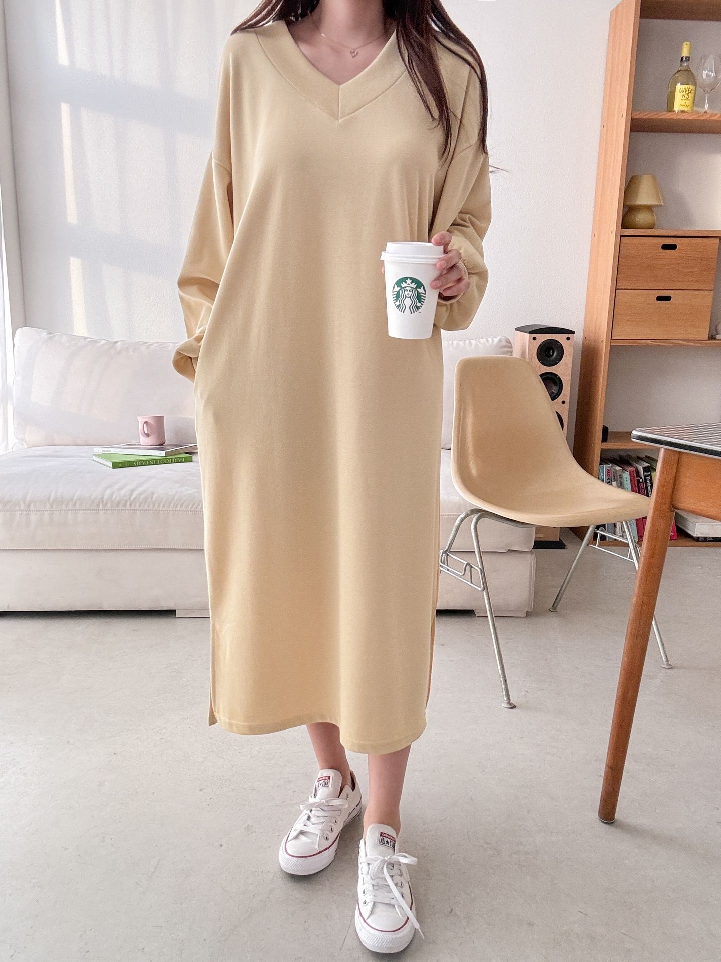 Vネックスリットポケット長袖無地ワンピース | 詳細画像36