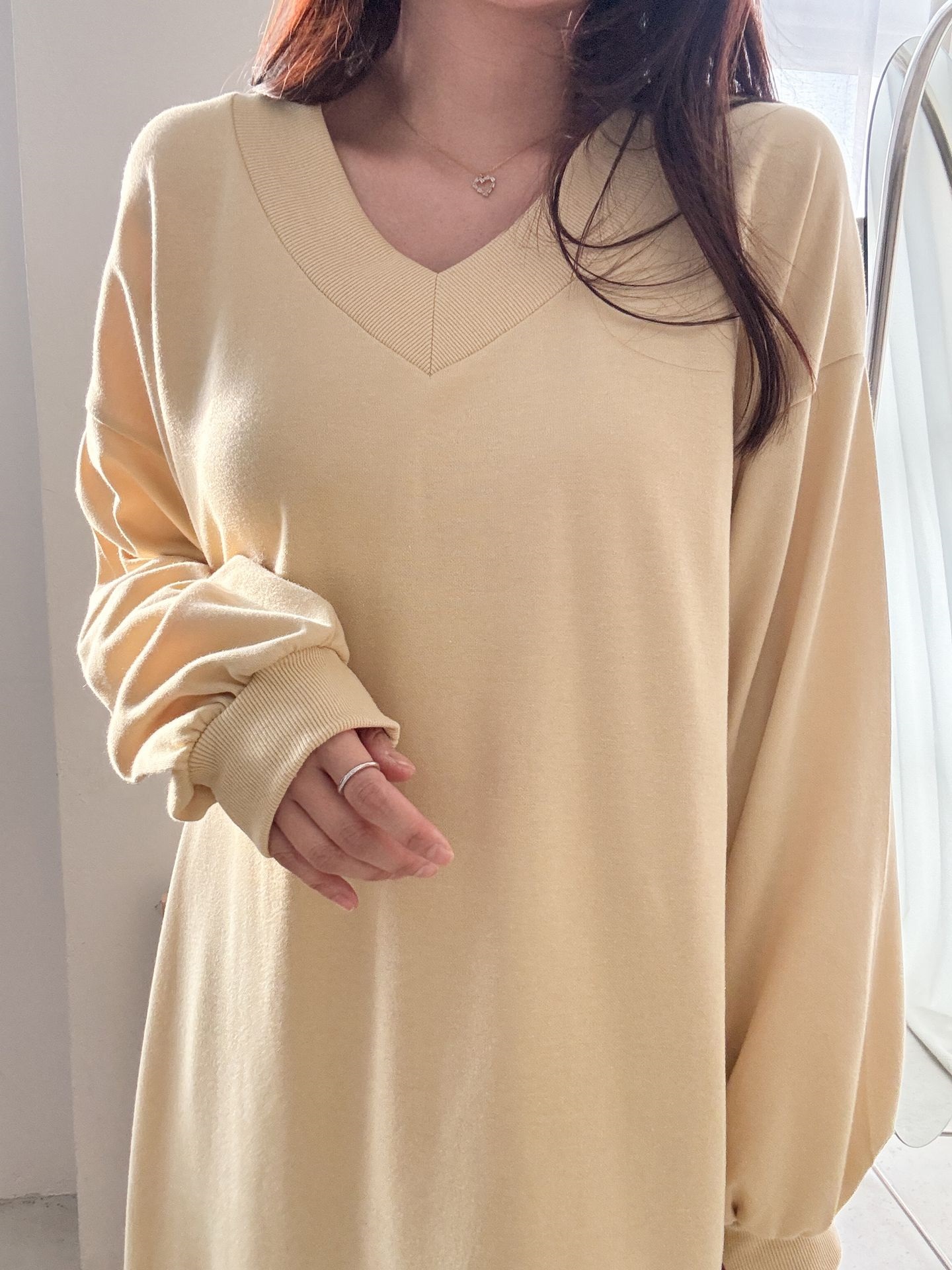 Vネックスリットポケット長袖無地ワンピース | 詳細画像38