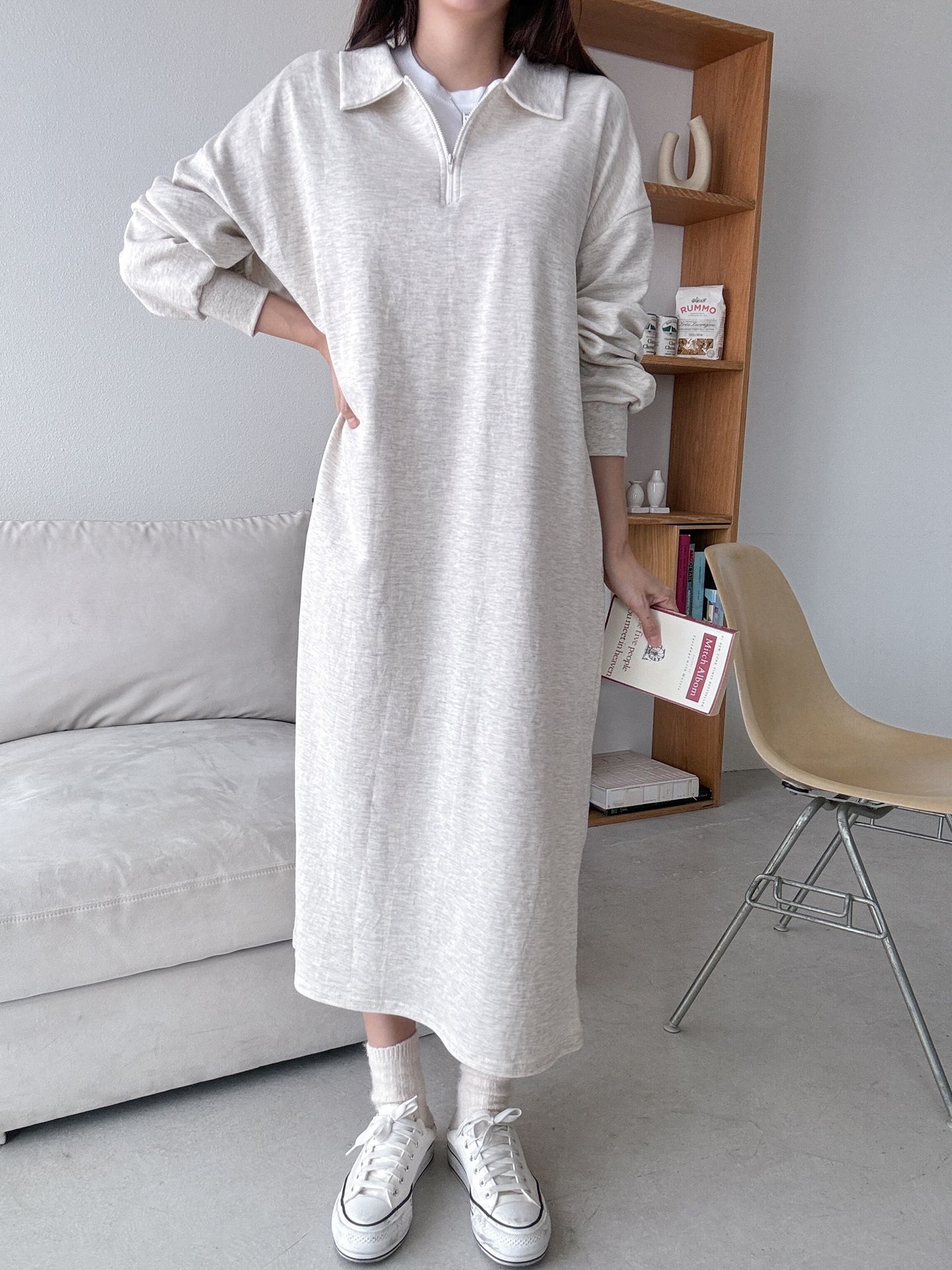 カラーハーフジップポケットロング長袖ワンピース | 詳細画像6