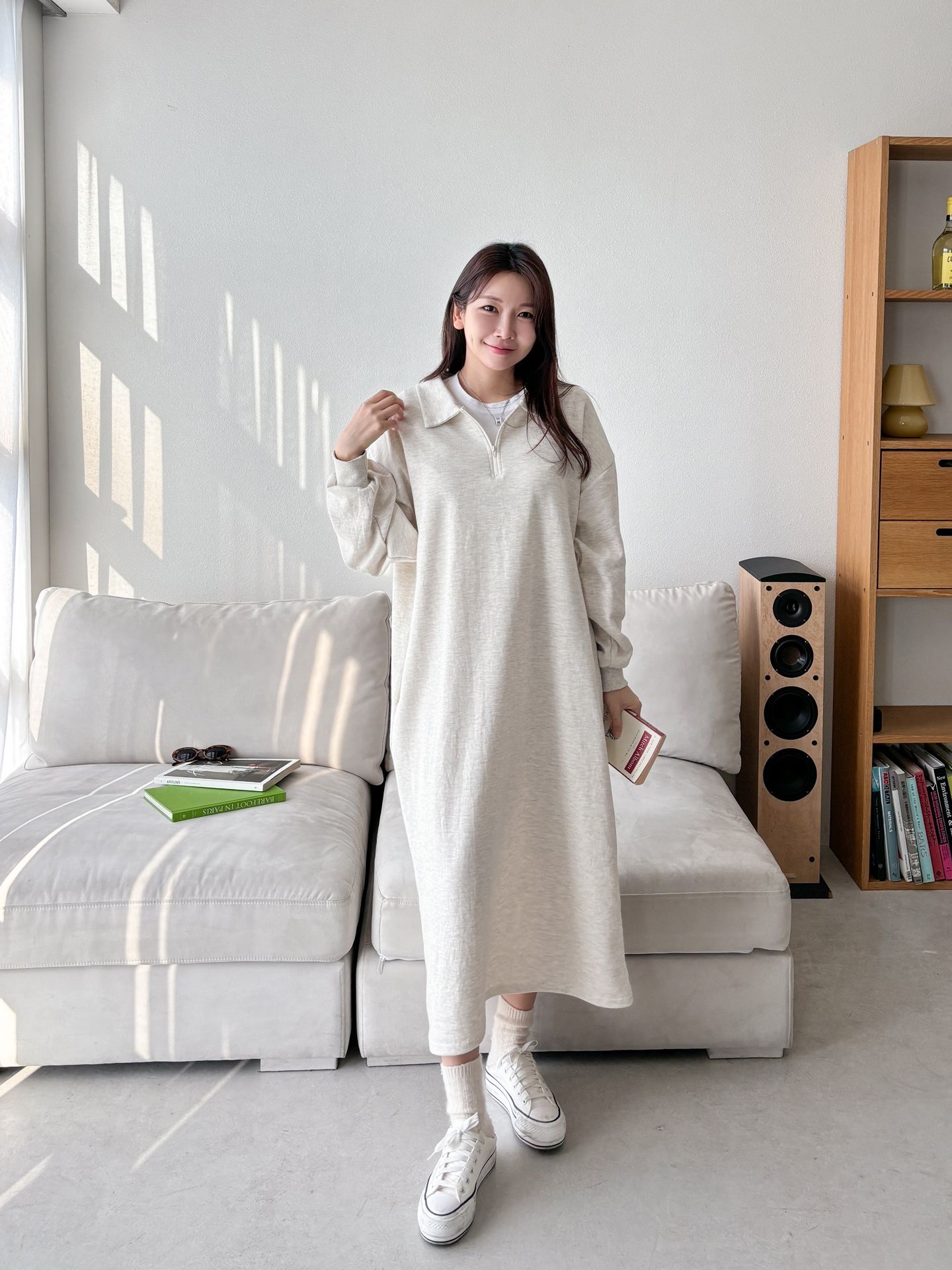 カラーハーフジップポケットロング長袖ワンピース | 詳細画像4