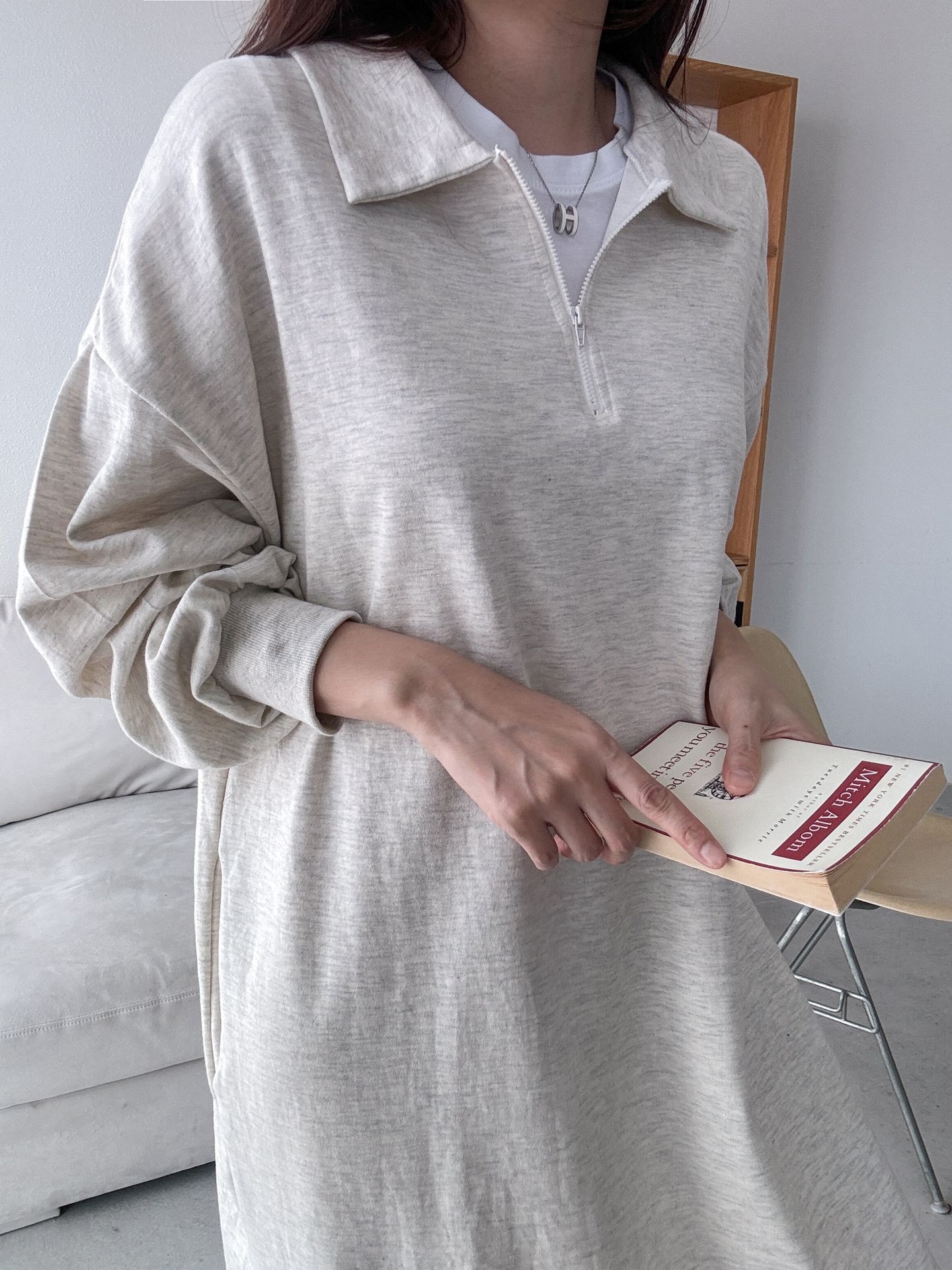 カラーハーフジップポケットロング長袖ワンピース | 詳細画像9