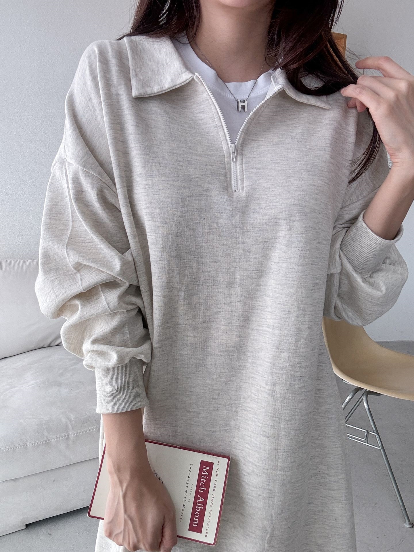 カラーハーフジップポケットロング長袖ワンピース | 詳細画像10