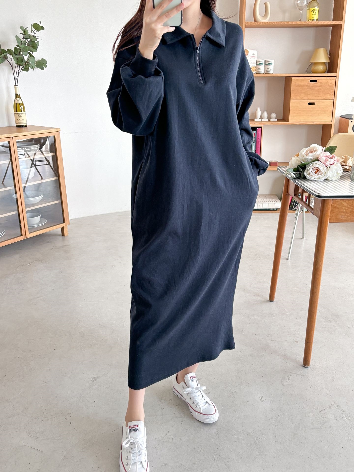 カラーハーフジップポケットロング長袖ワンピース | 詳細画像18