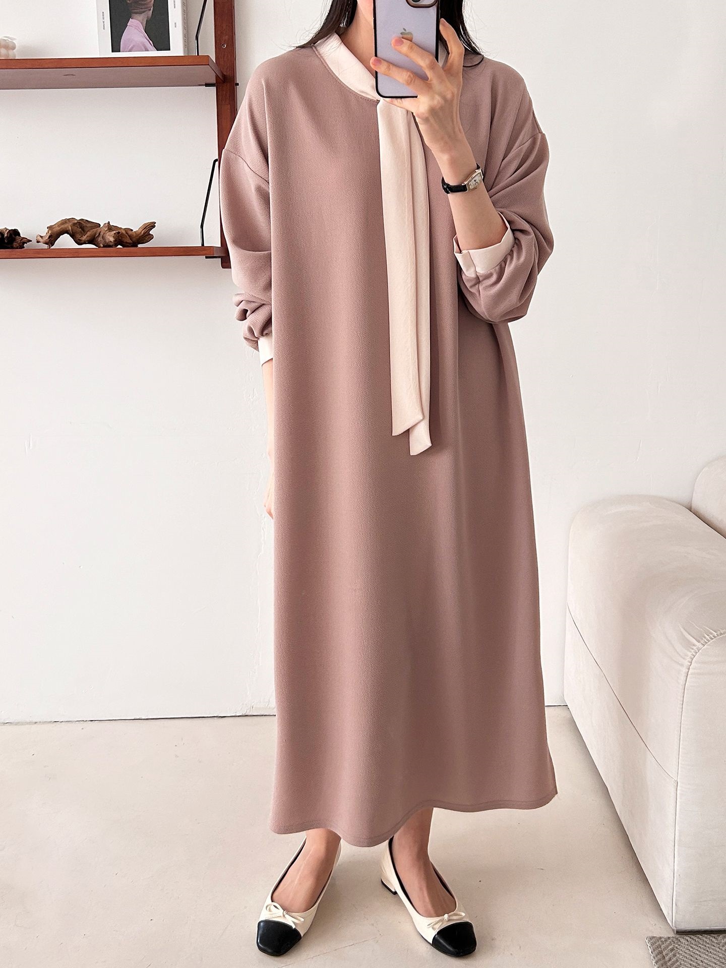 ボウタイスリットロング長袖ワンピース | 詳細画像5