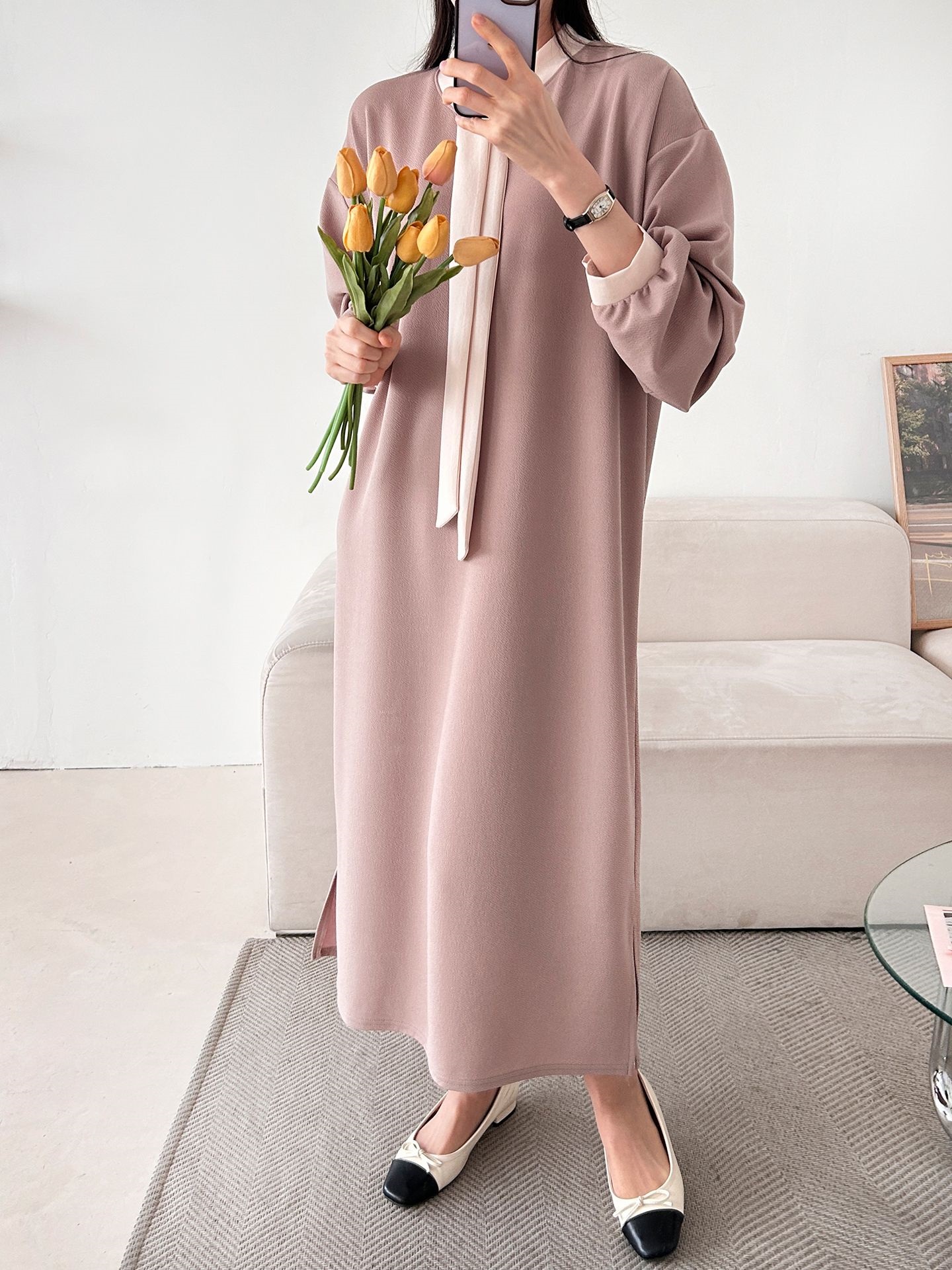 ボウタイスリットロング長袖ワンピース | 詳細画像6