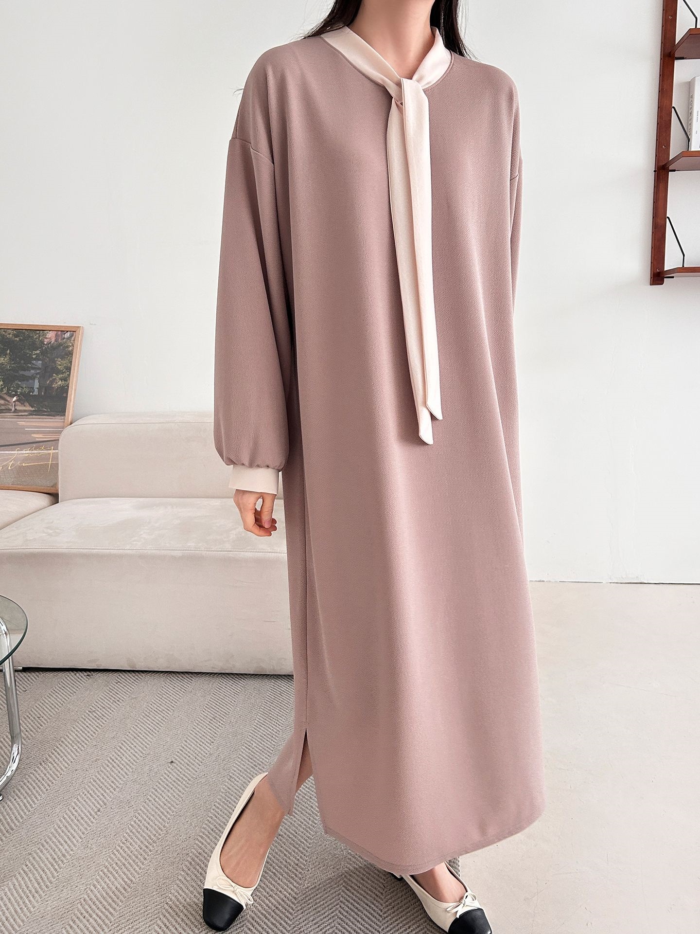 ボウタイスリットロング長袖ワンピース | 詳細画像9