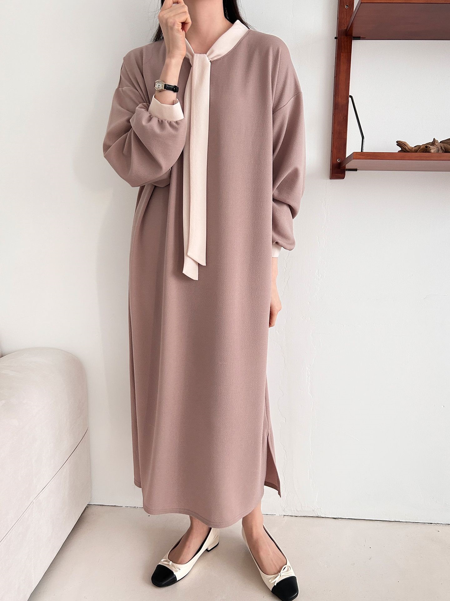 ボウタイスリットロング長袖ワンピース | 詳細画像10