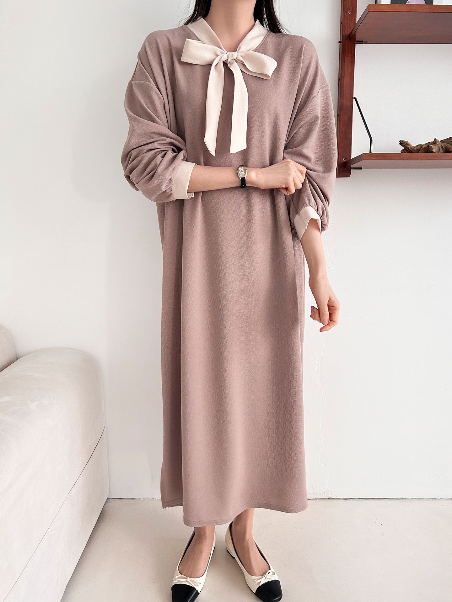 ボウタイスリットロング長袖ワンピース | 詳細画像12