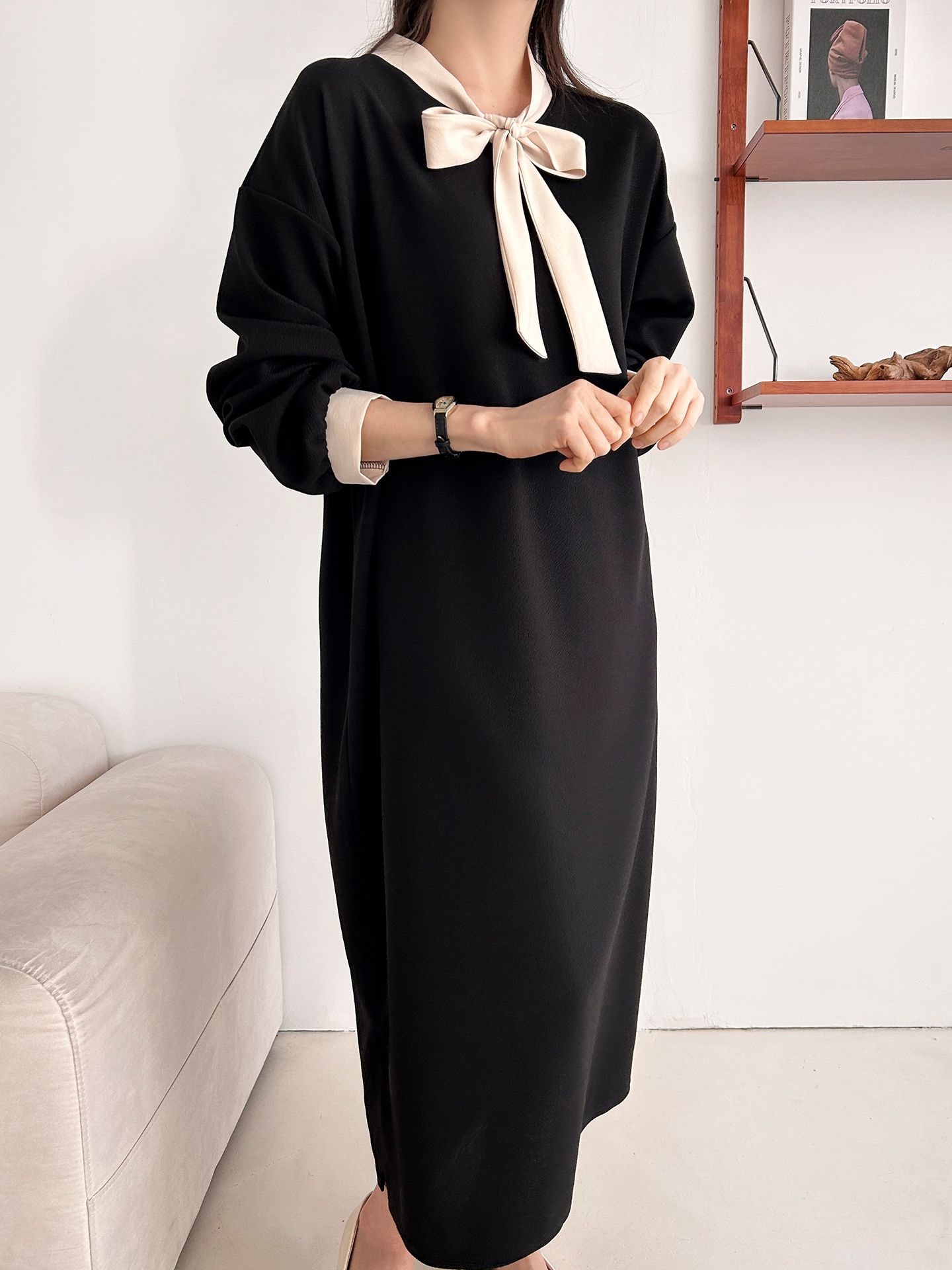 ボウタイスリットロング長袖ワンピース | 詳細画像25