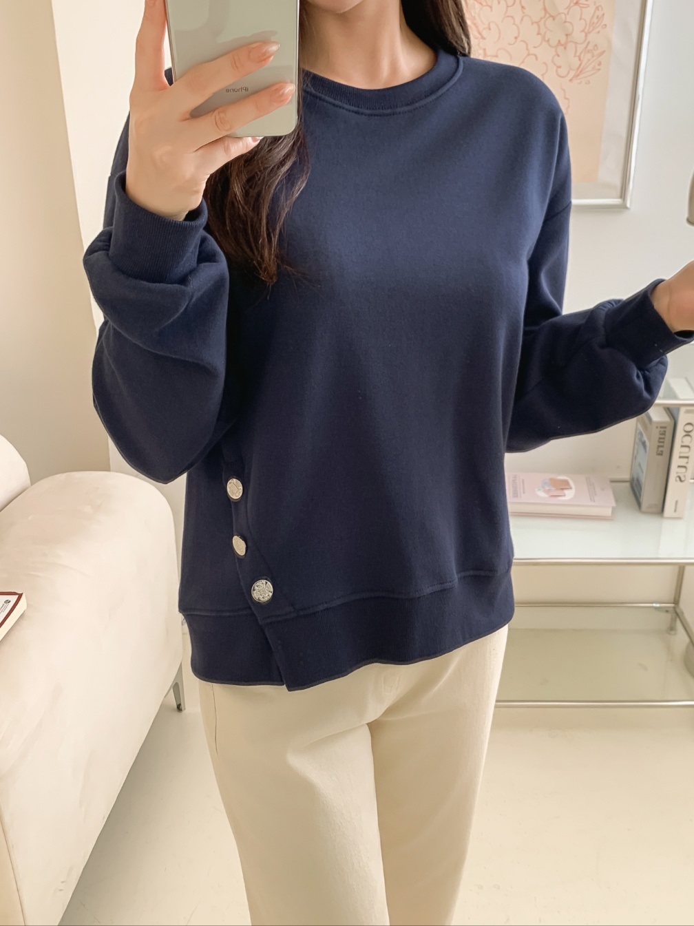 ラウンドネック長袖ダイアゴナルボタンスウェット | 詳細画像13