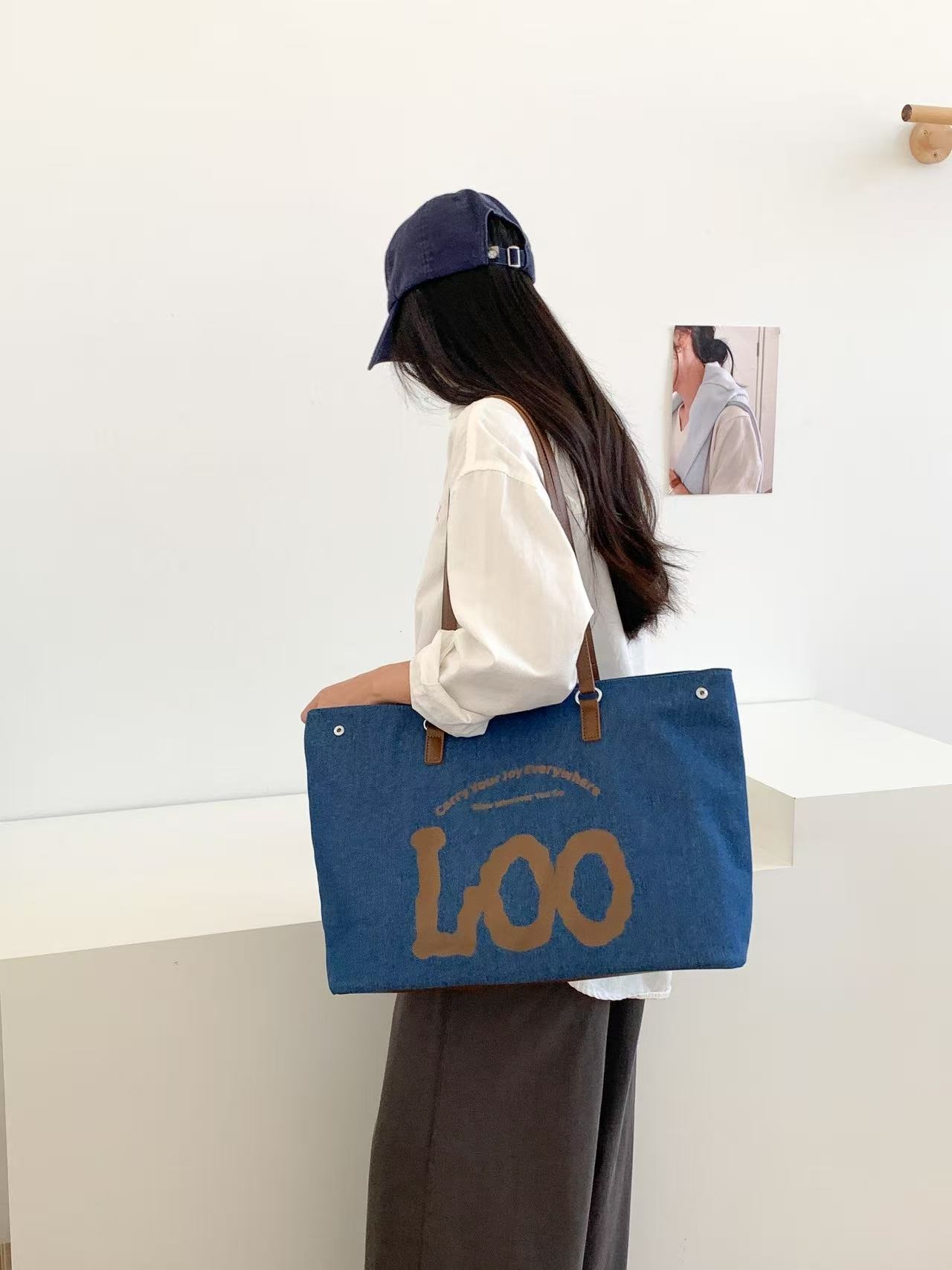 デニムジップアップポケットビッグスナップボタンレタリングプリント配色トートバッグ | 詳細画像4