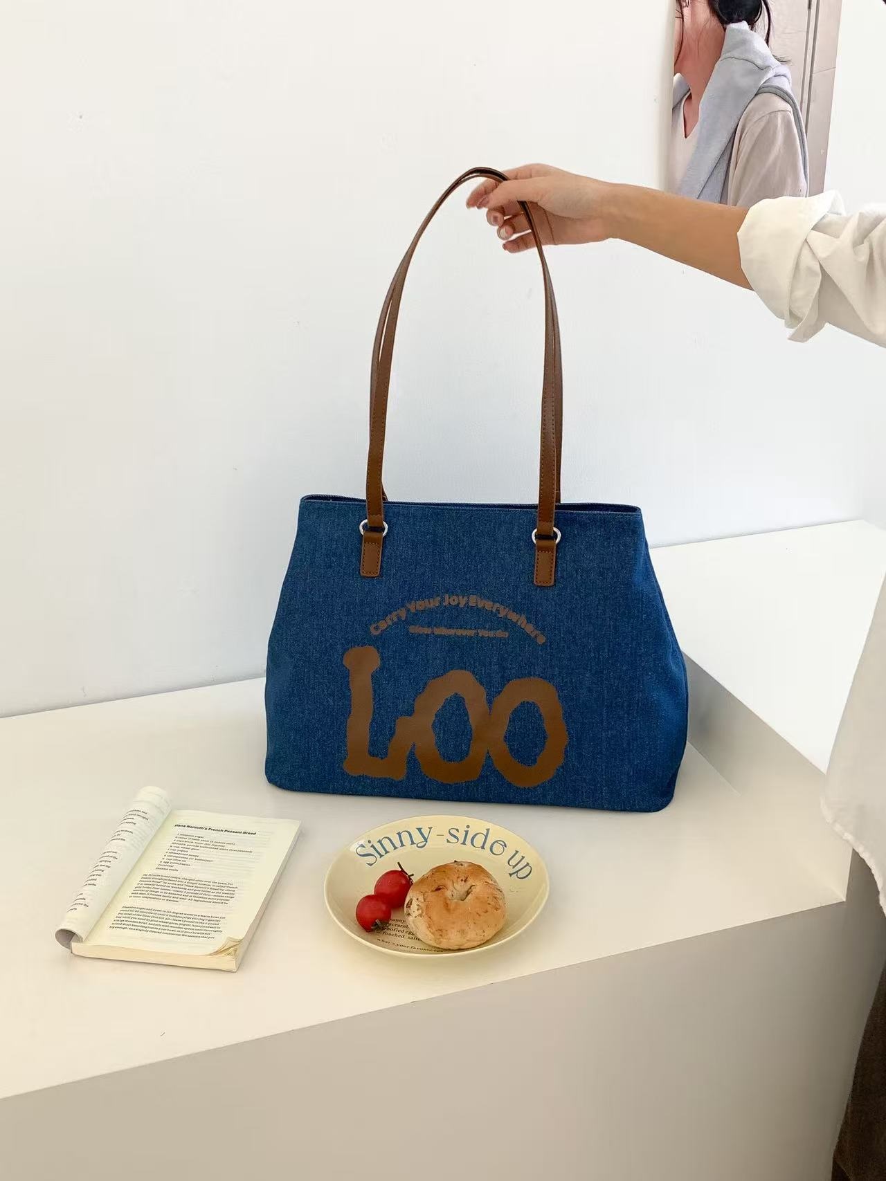 デニムジップアップポケットビッグスナップボタンレタリングプリント配色トートバッグ | 詳細画像10