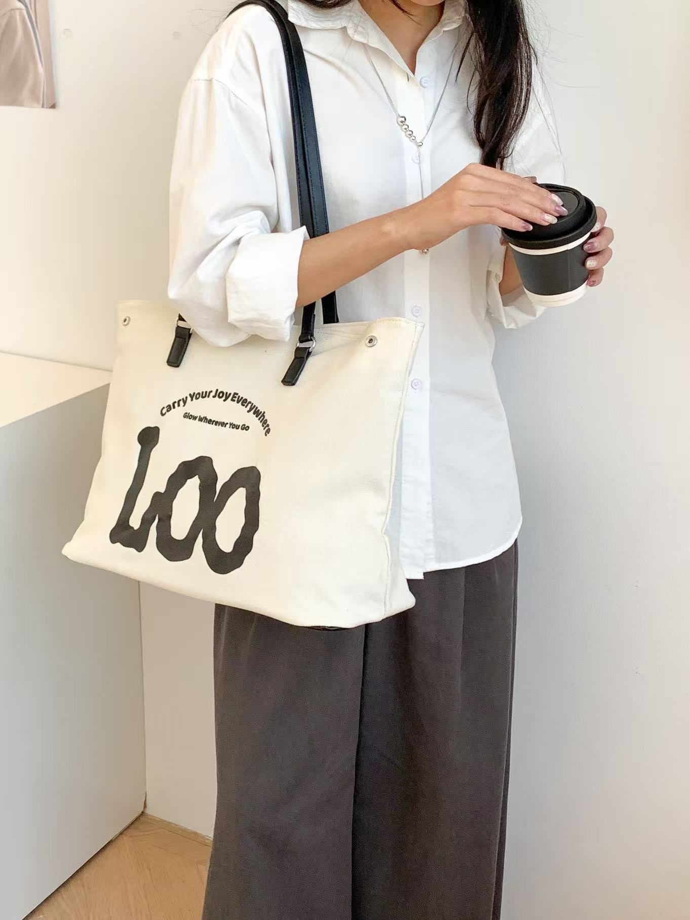 デニムジップアップポケットビッグスナップボタンレタリングプリント配色トートバッグ | 詳細画像6