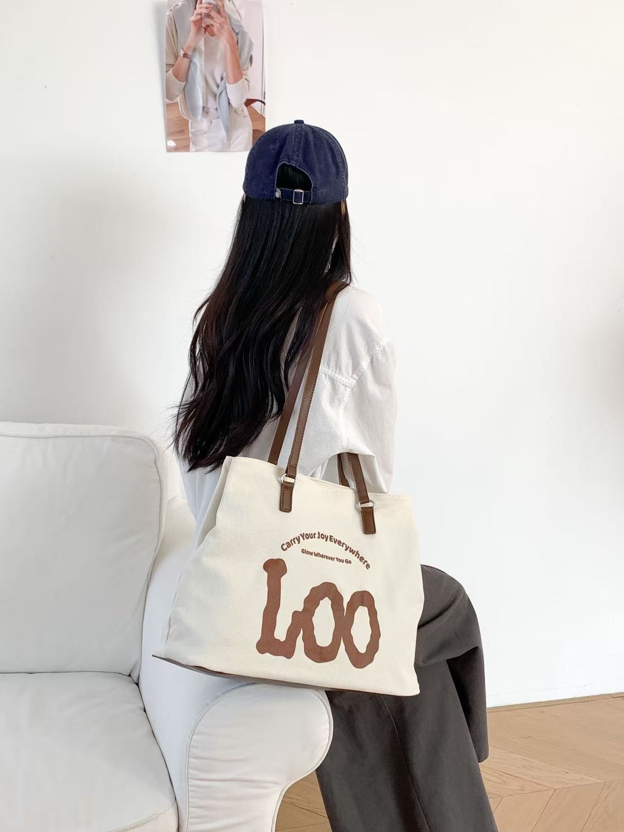 デニムジップアップポケットビッグスナップボタンレタリングプリント配色トートバッグ | 詳細画像2