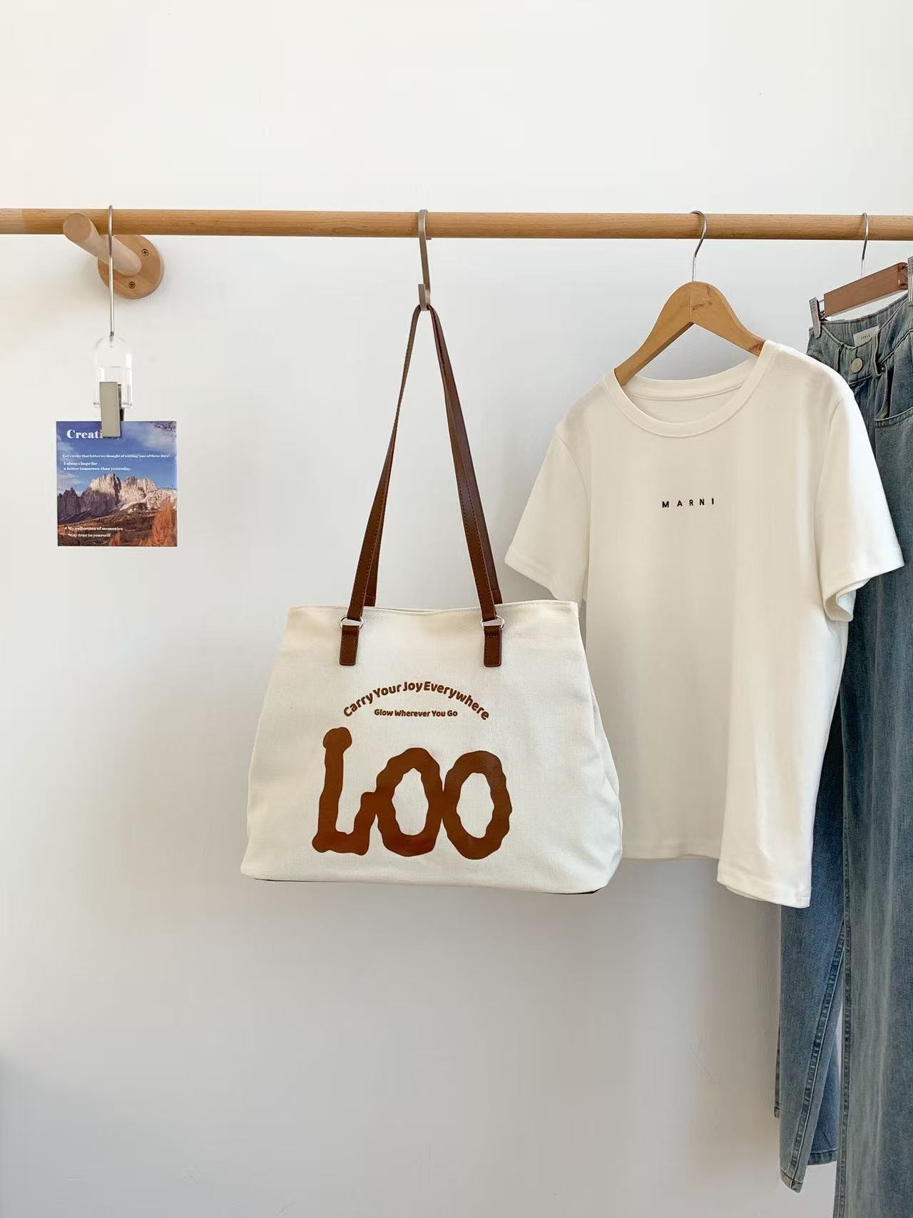 デニムジップアップポケットビッグスナップボタンレタリングプリント配色トートバッグ | 詳細画像11