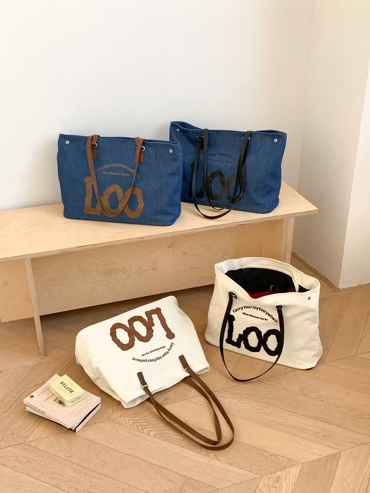 デニムジップアップポケットビッグスナップボタンレタリングプリント配色トートバッグ | 詳細画像12