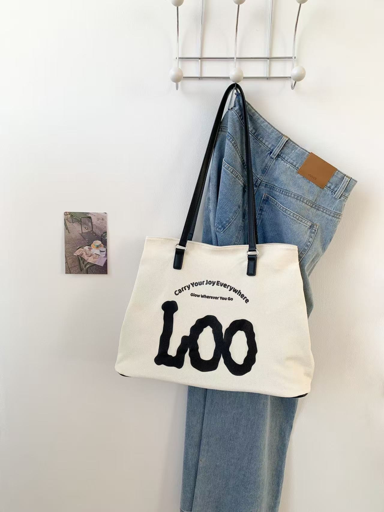 デニムジップアップポケットビッグスナップボタンレタリングプリント配色トートバッグ | 詳細画像13