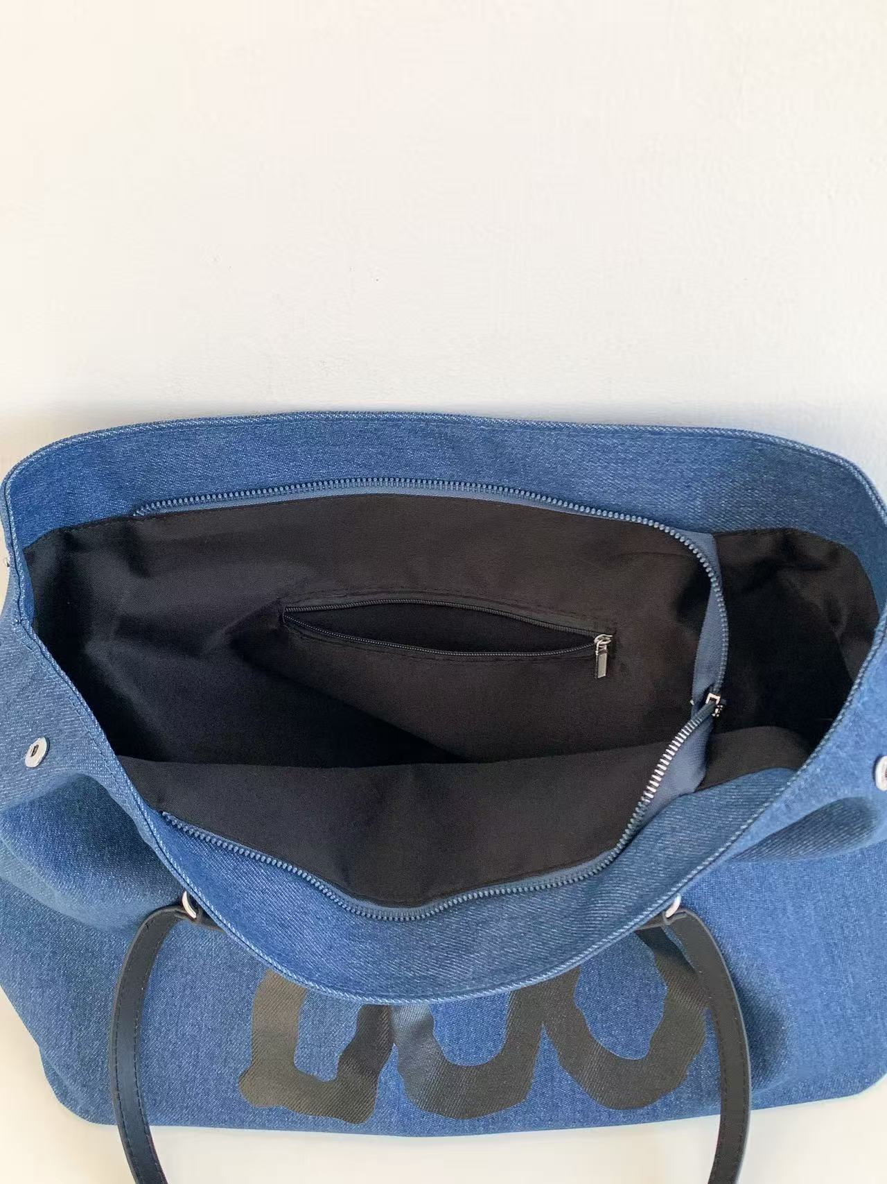 デニムジップアップポケットビッグスナップボタンレタリングプリント配色トートバッグ | 詳細画像17