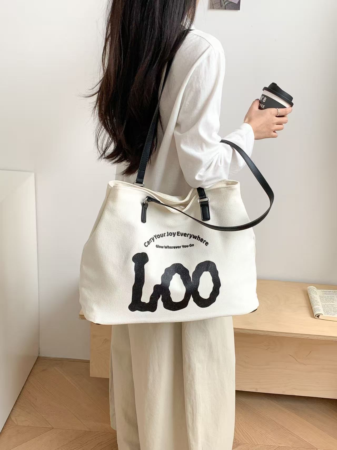 デニムジップアップポケットビッグスナップボタンレタリングプリント配色トートバッグ | 詳細画像7