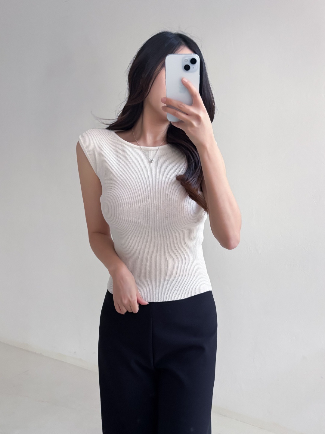 リブボートネックフレンチスリーブスリムショート無地ノースリーブ | 詳細画像4