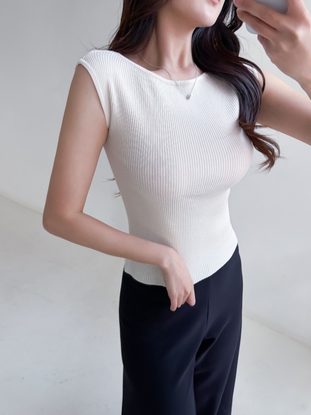 リブボートネックフレンチスリーブスリムショート無地ノースリーブ | 詳細画像5
