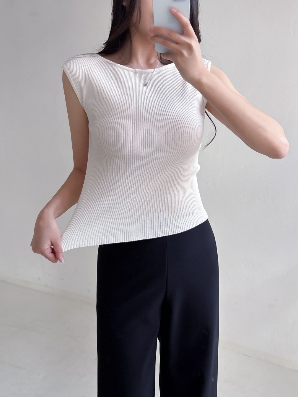 リブボートネックフレンチスリーブスリムショート無地ノースリーブ | 詳細画像6
