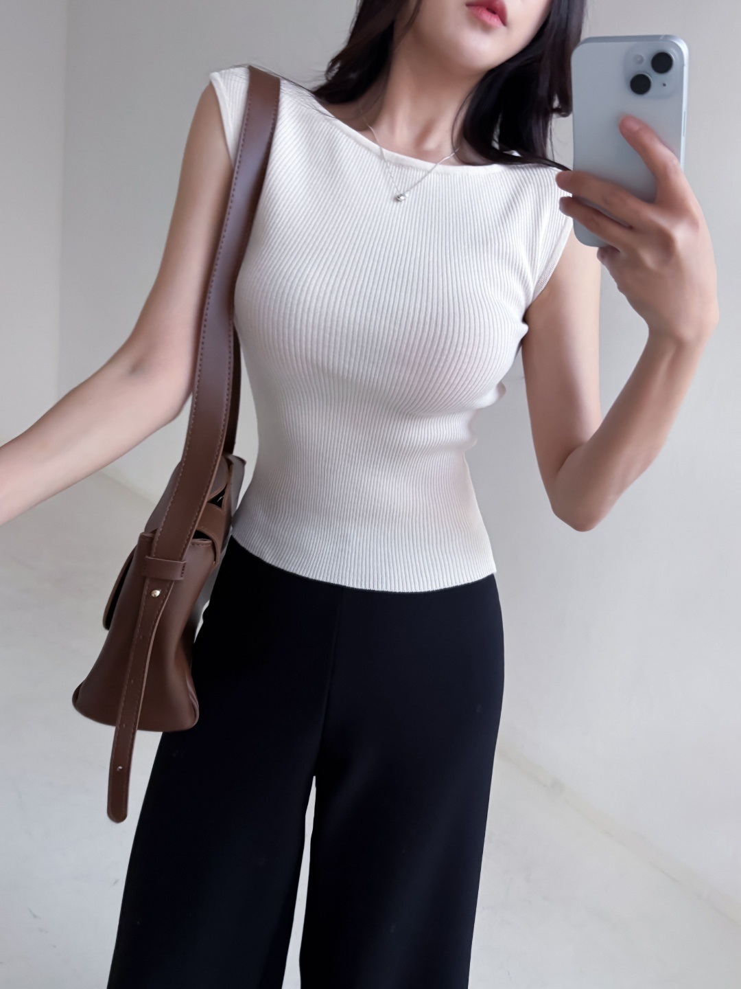 リブボートネックフレンチスリーブスリムショート無地ノースリーブ | 詳細画像7