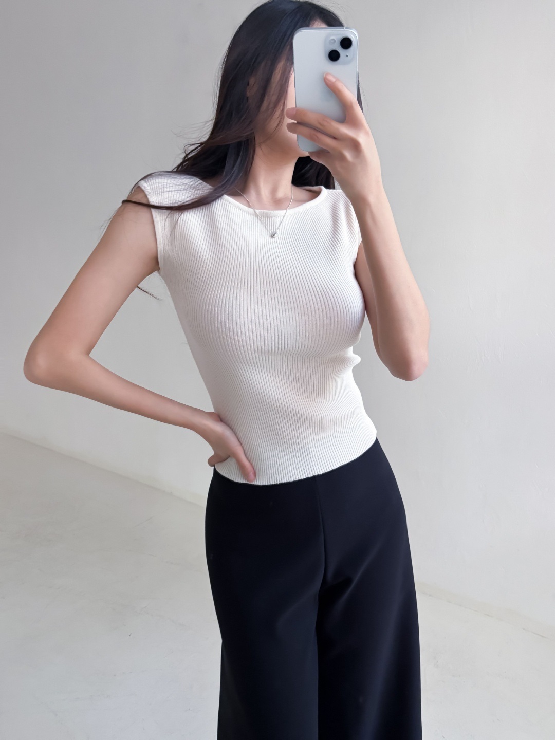 リブボートネックフレンチスリーブスリムショート無地ノースリーブ | 詳細画像8