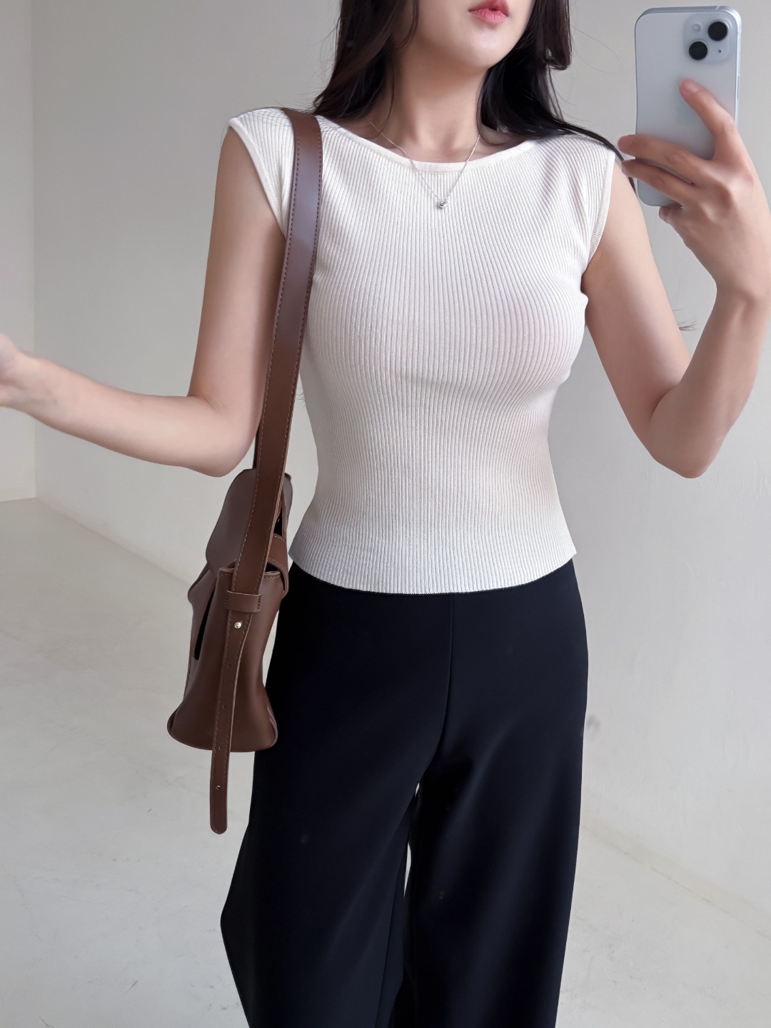 リブボートネックフレンチスリーブスリムショート無地ノースリーブ | 詳細画像9